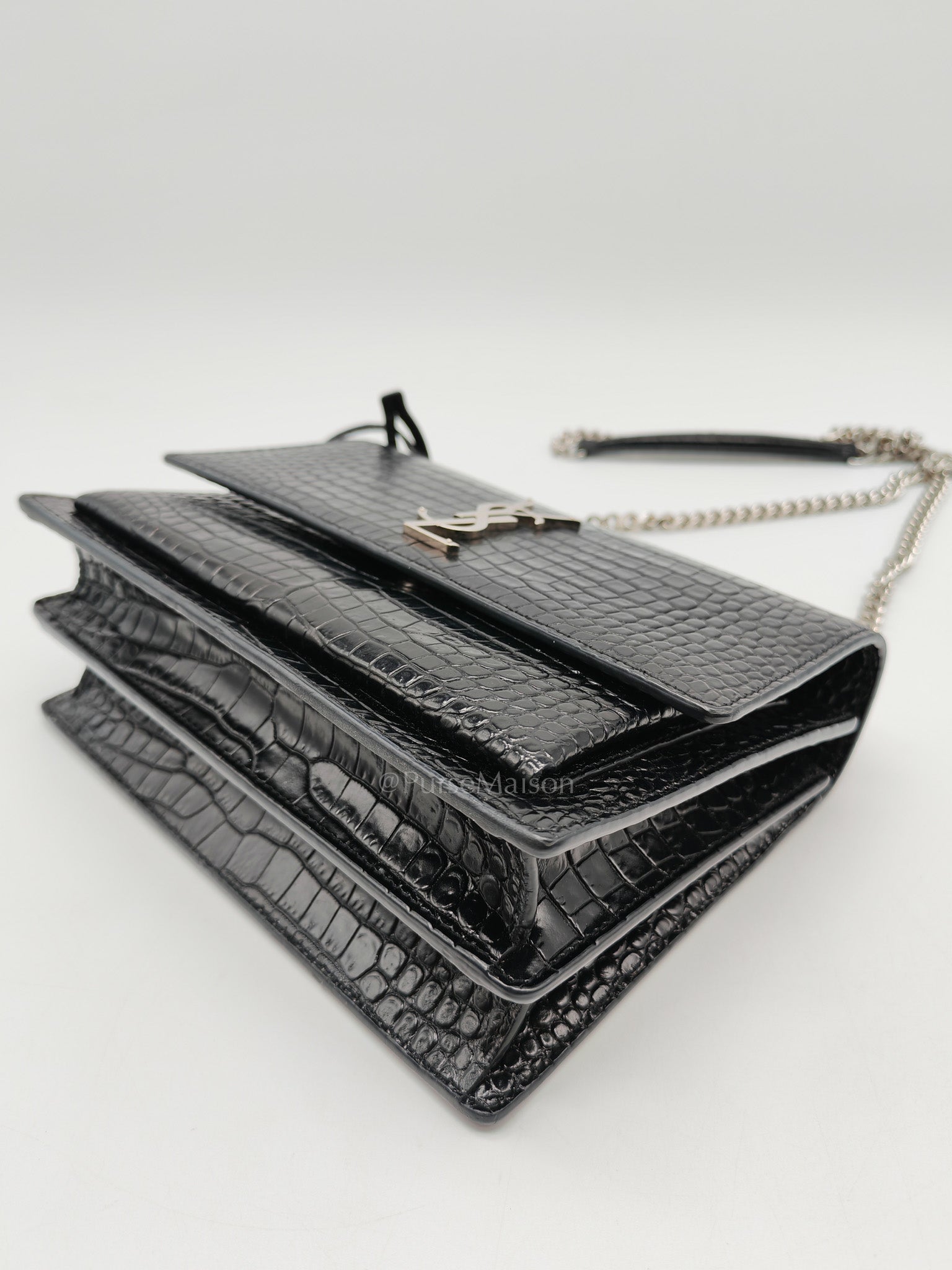 Yves Saint Laurent Sunset Medium Shoulder Bag in Black Shiny Crocodile Leather and Silver Hardware
