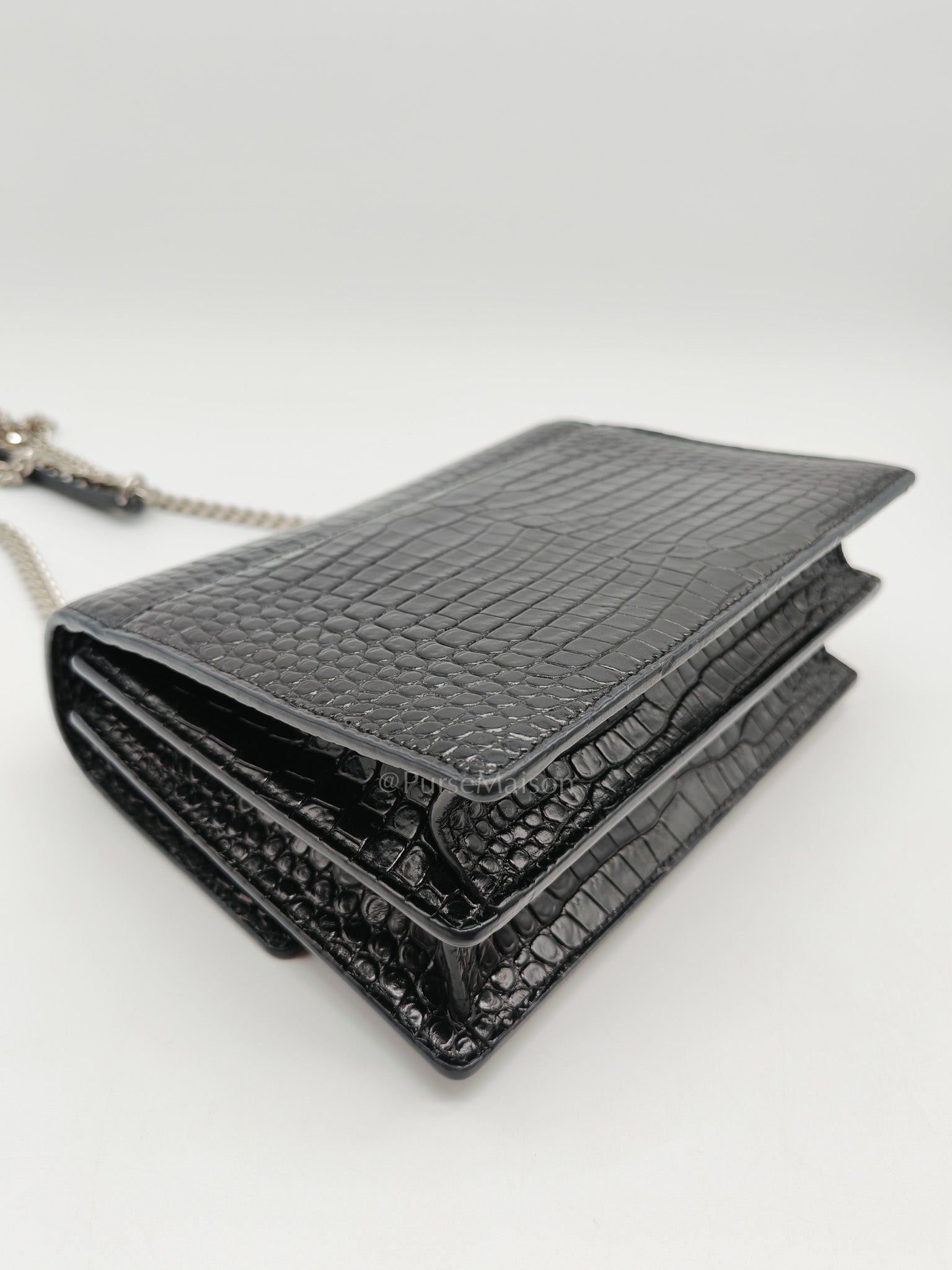 Yves Saint Laurent Sunset Medium Shoulder Bag in Black Shiny Crocodile Leather and Silver Hardware