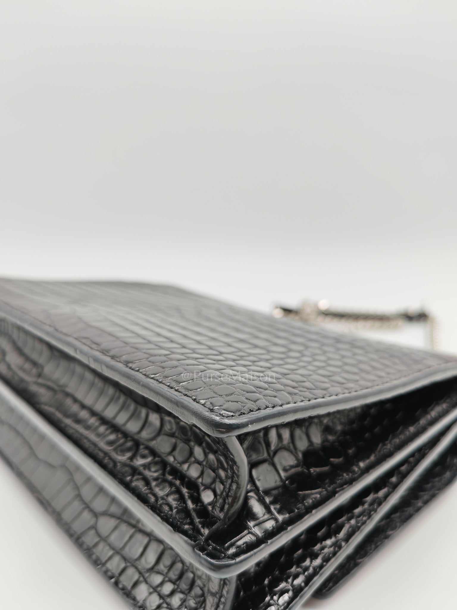 Yves Saint Laurent Sunset Medium Shoulder Bag in Black Shiny Crocodile Leather and Silver Hardware