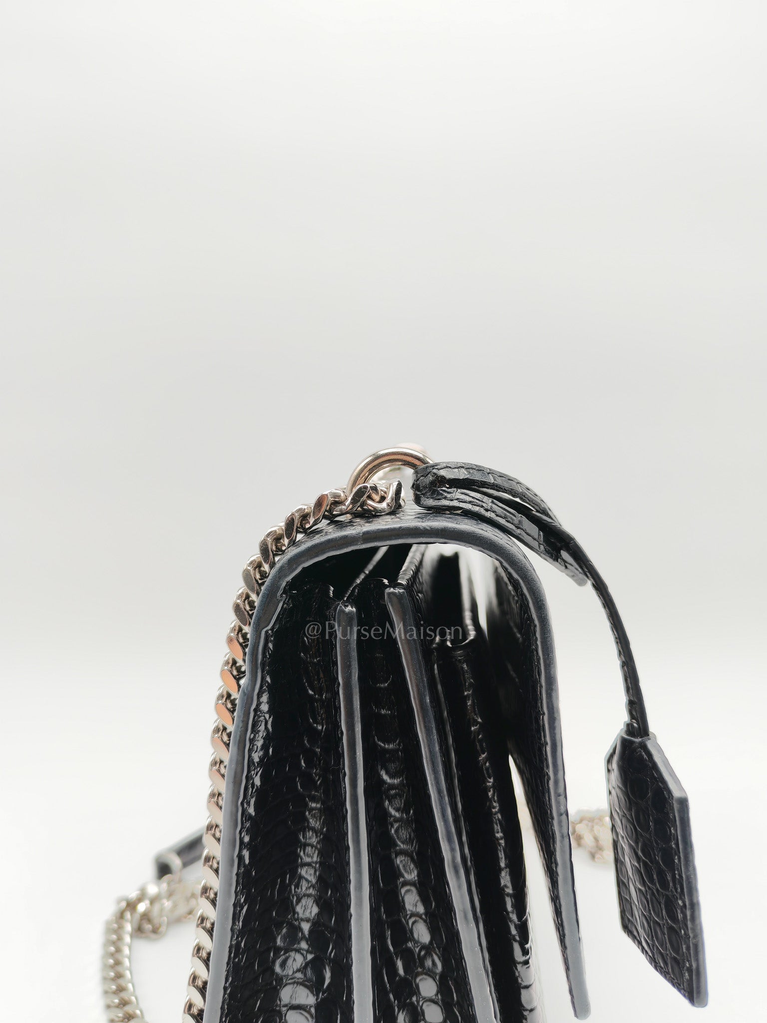Yves Saint Laurent Sunset Medium Shoulder Bag in Black Shiny Crocodile Leather and Silver Hardware