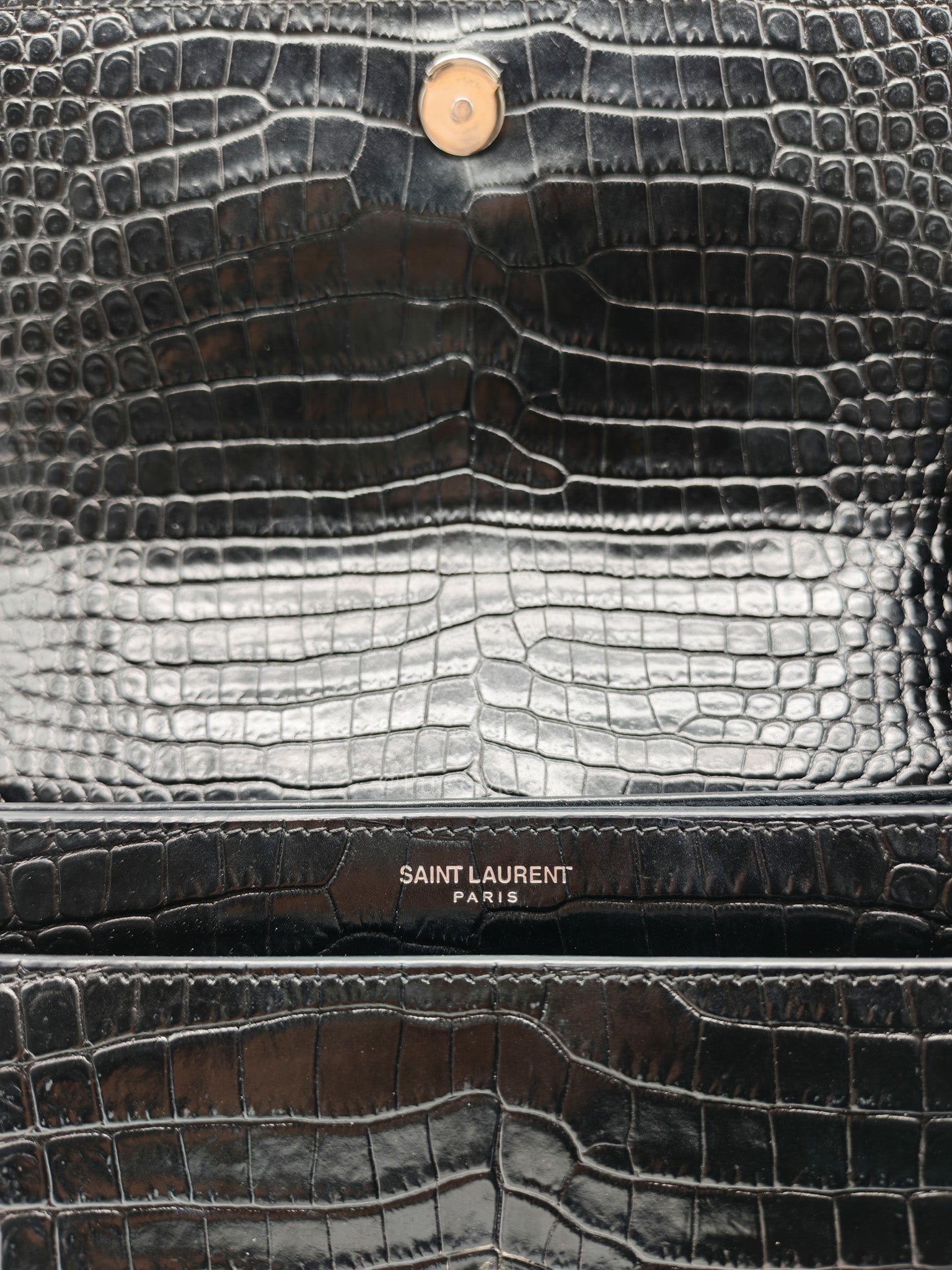 Yves Saint Laurent Sunset Medium Shoulder Bag in Black Shiny Crocodile Leather and Silver Hardware