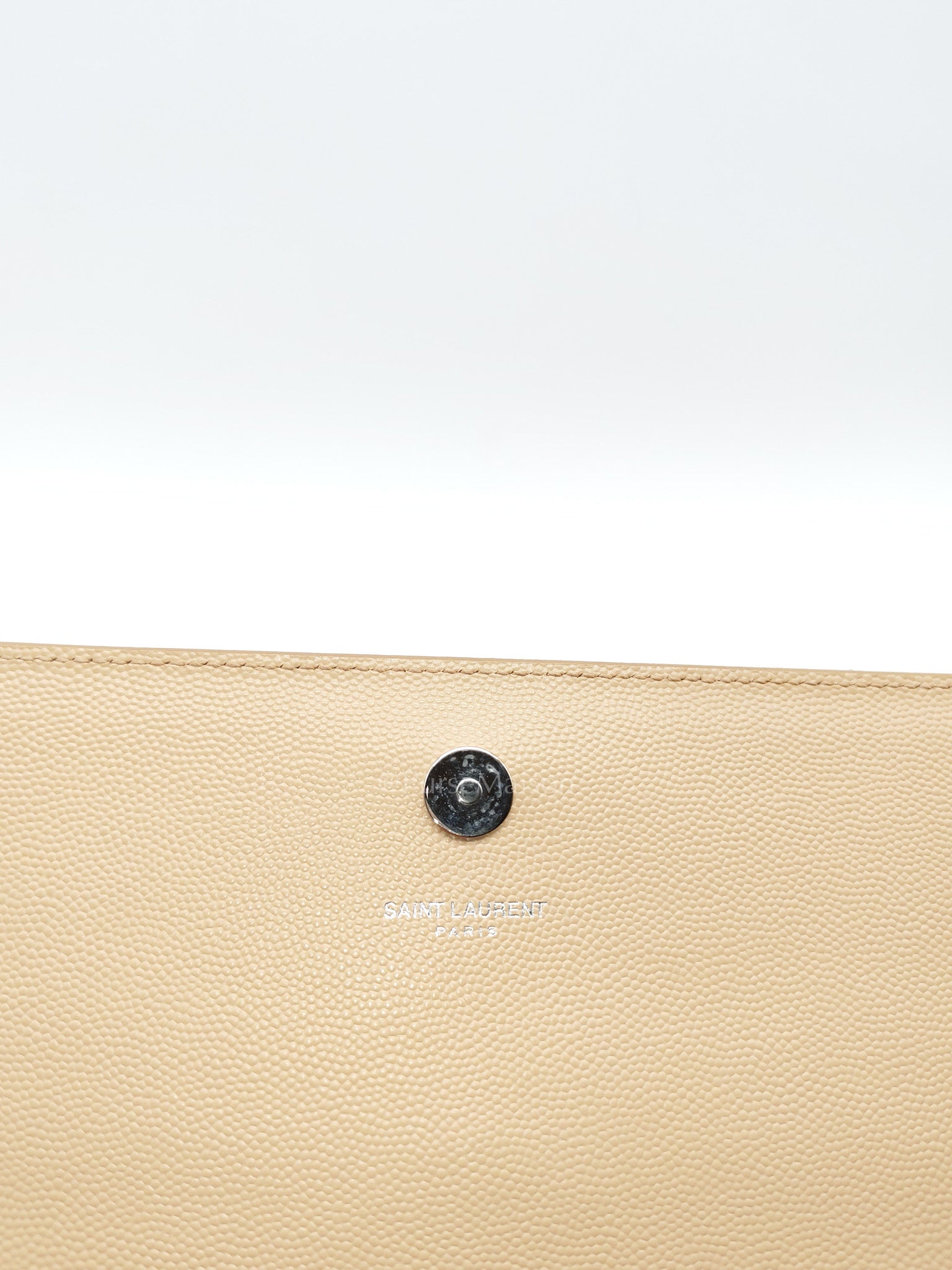 Yves Saint Laurent Classic Monogram Clutch in Light Beige Grain De Poudre Leather and Silver Hardware