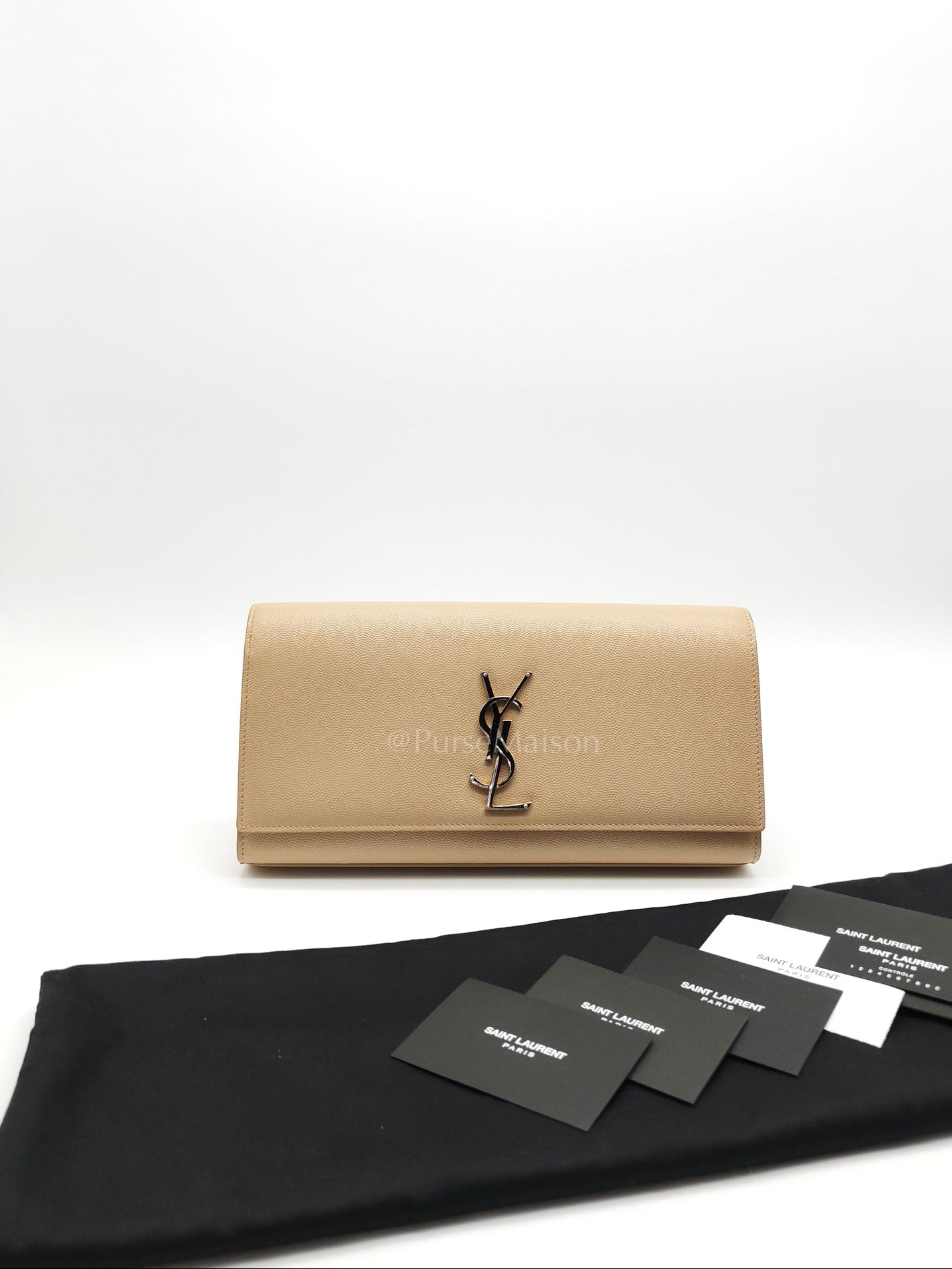Yves Saint Laurent Classic Monogram Clutch in Light Beige Grain De Poudre Leather and Silver Hardware