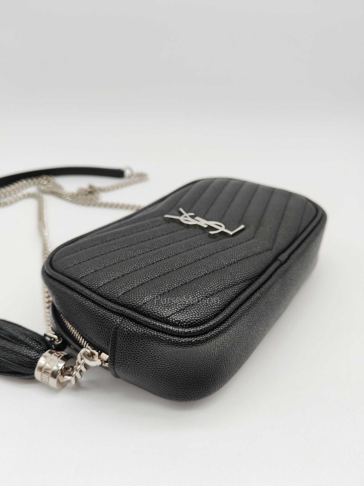 Yves Saint Laurent Lou Camera Bag Mini in Black Chevron Quilted Shiny Calfskin Leather and Silver Hardware