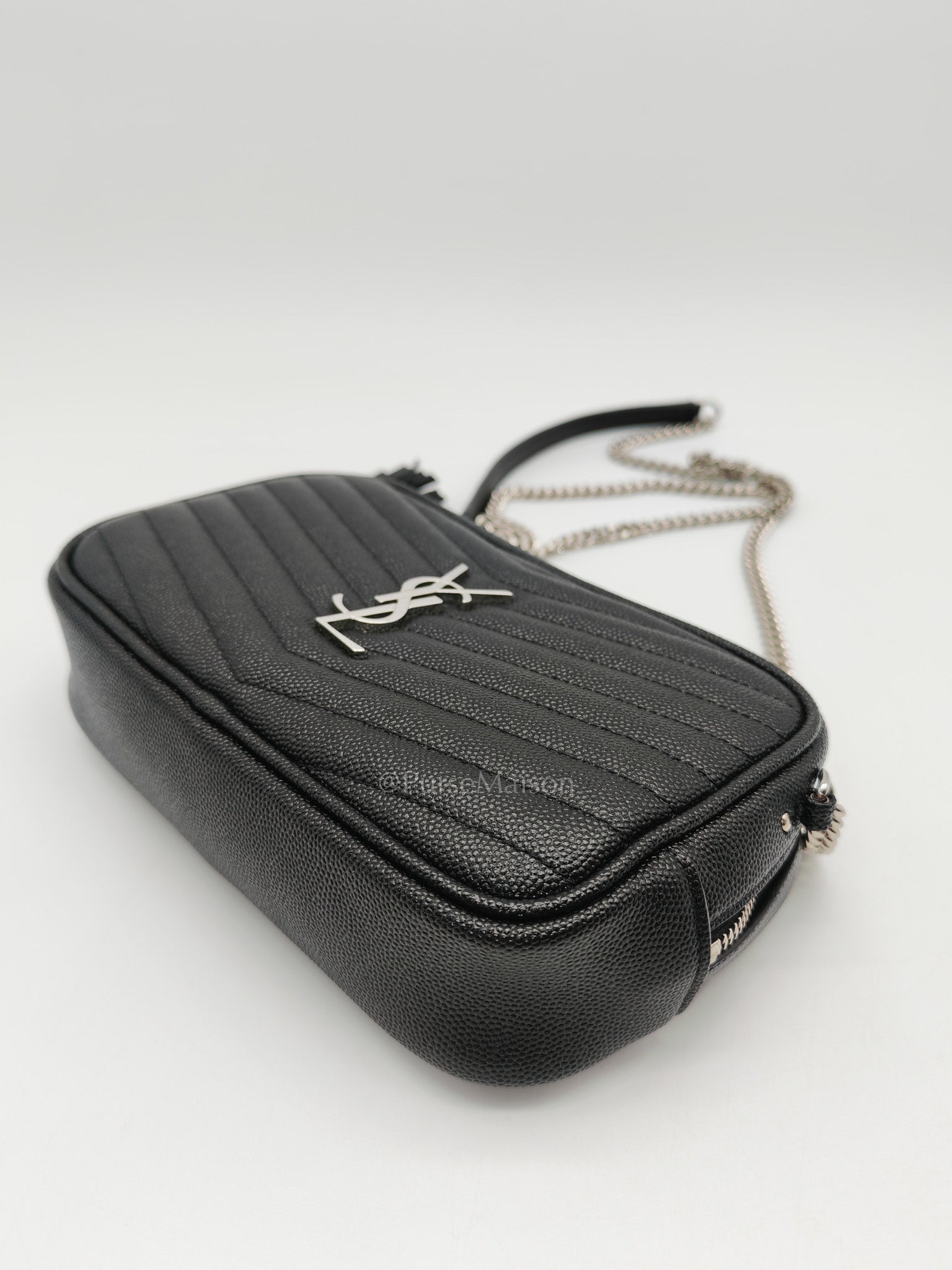 Yves Saint Laurent Lou Camera Bag Mini in Black Chevron Quilted Shiny Calfskin Leather and Silver Hardware