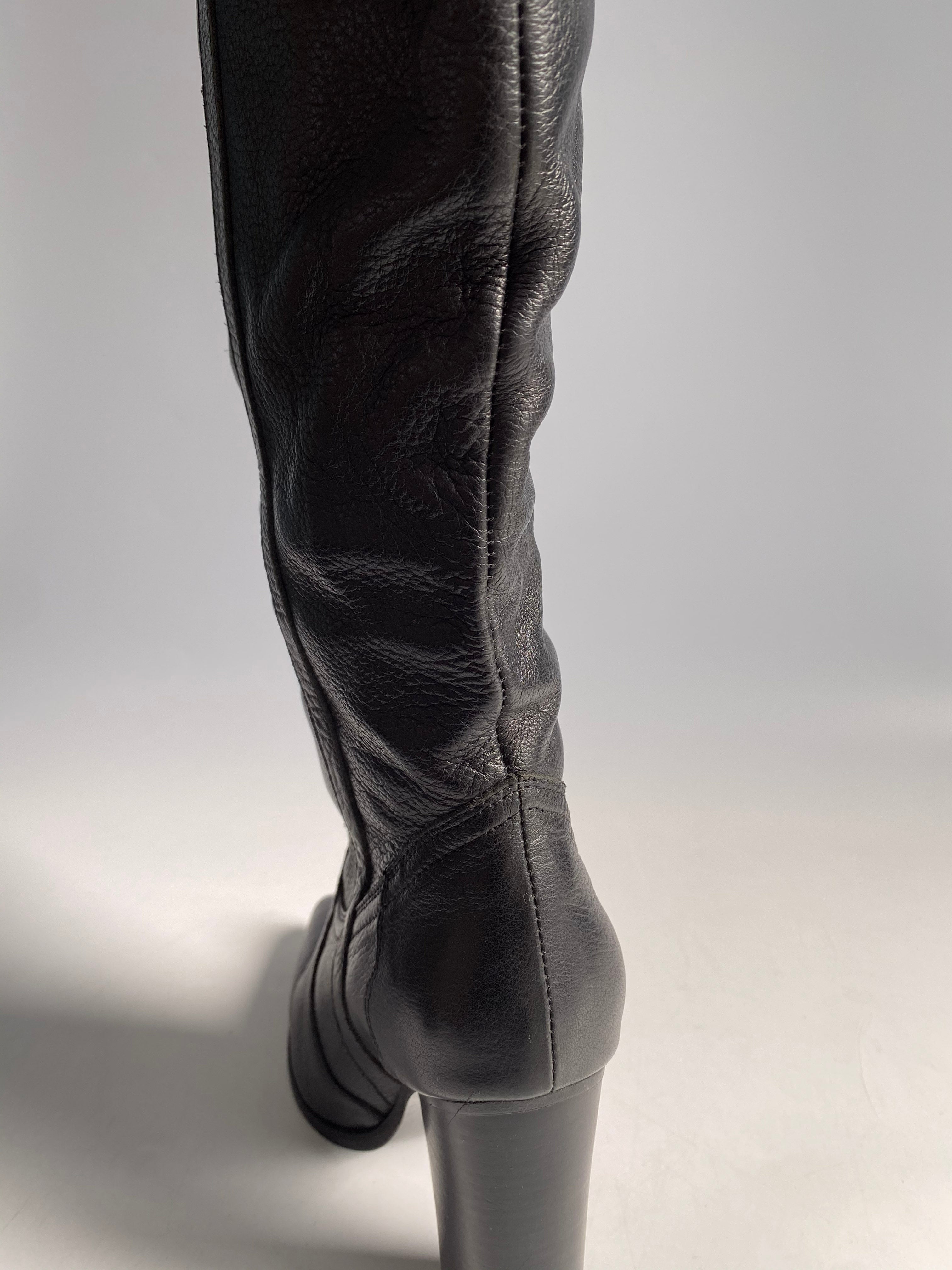 YSL Black Leather Knee-Length Boots with Heels Size 38 EUR | Purse Maison Luxury Bags Shop