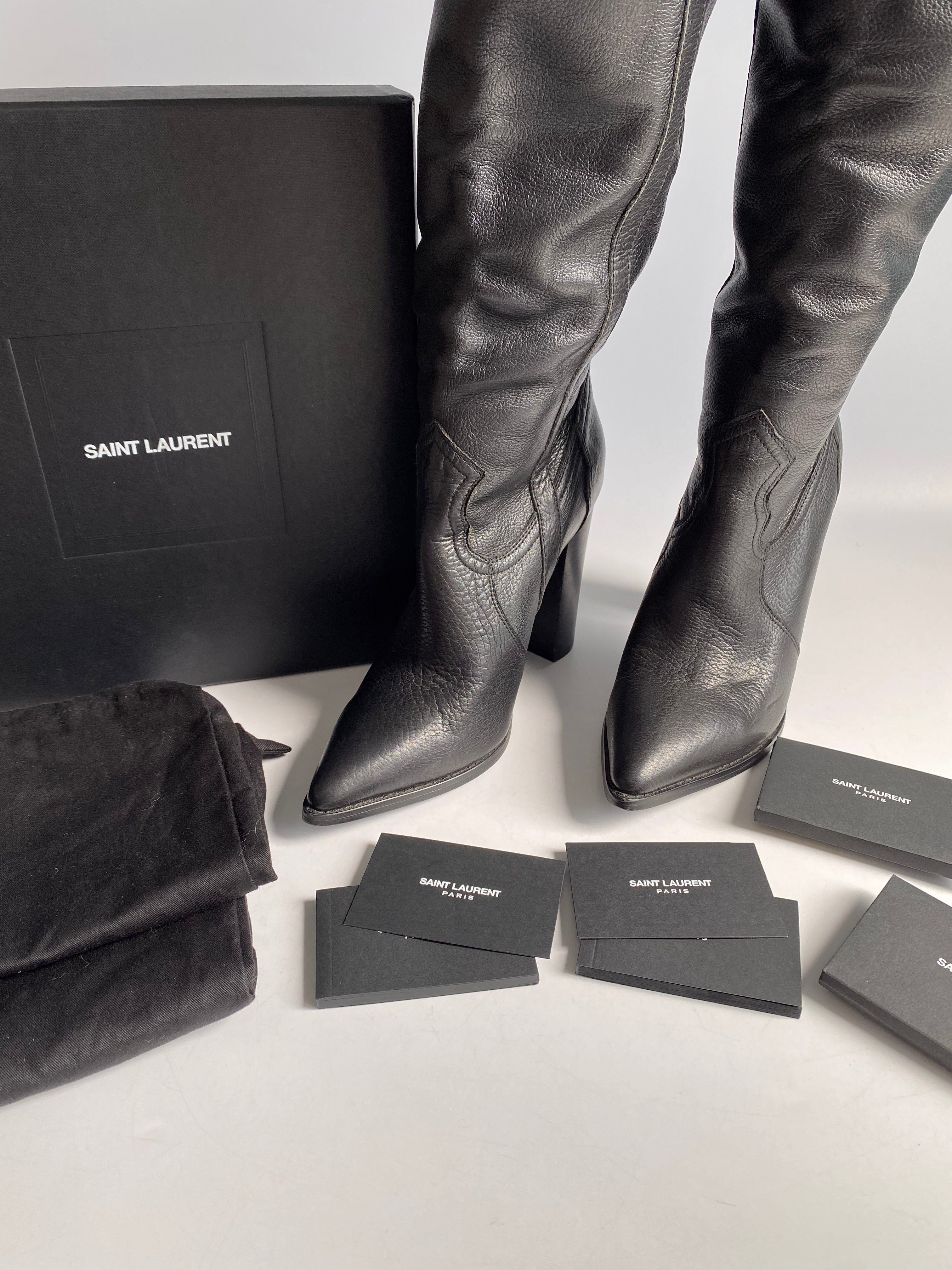 YSL Black Leather Knee-Length Boots with Heels Size 38 EUR | Purse Maison Luxury Bags Shop