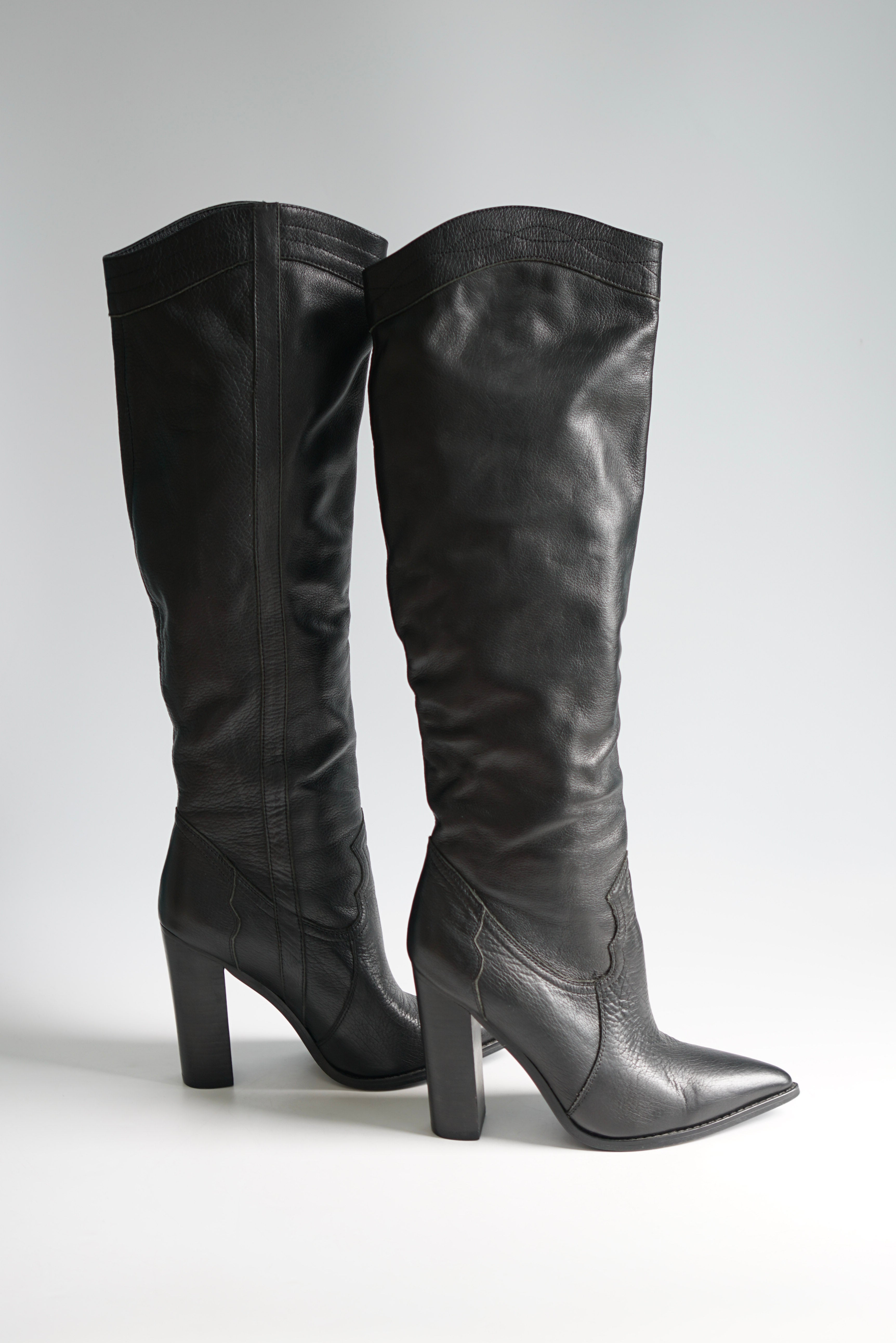 YSL Black Leather Knee-Length Boots with Heels Size 38 EUR | Purse Maison Luxury Bags Shop