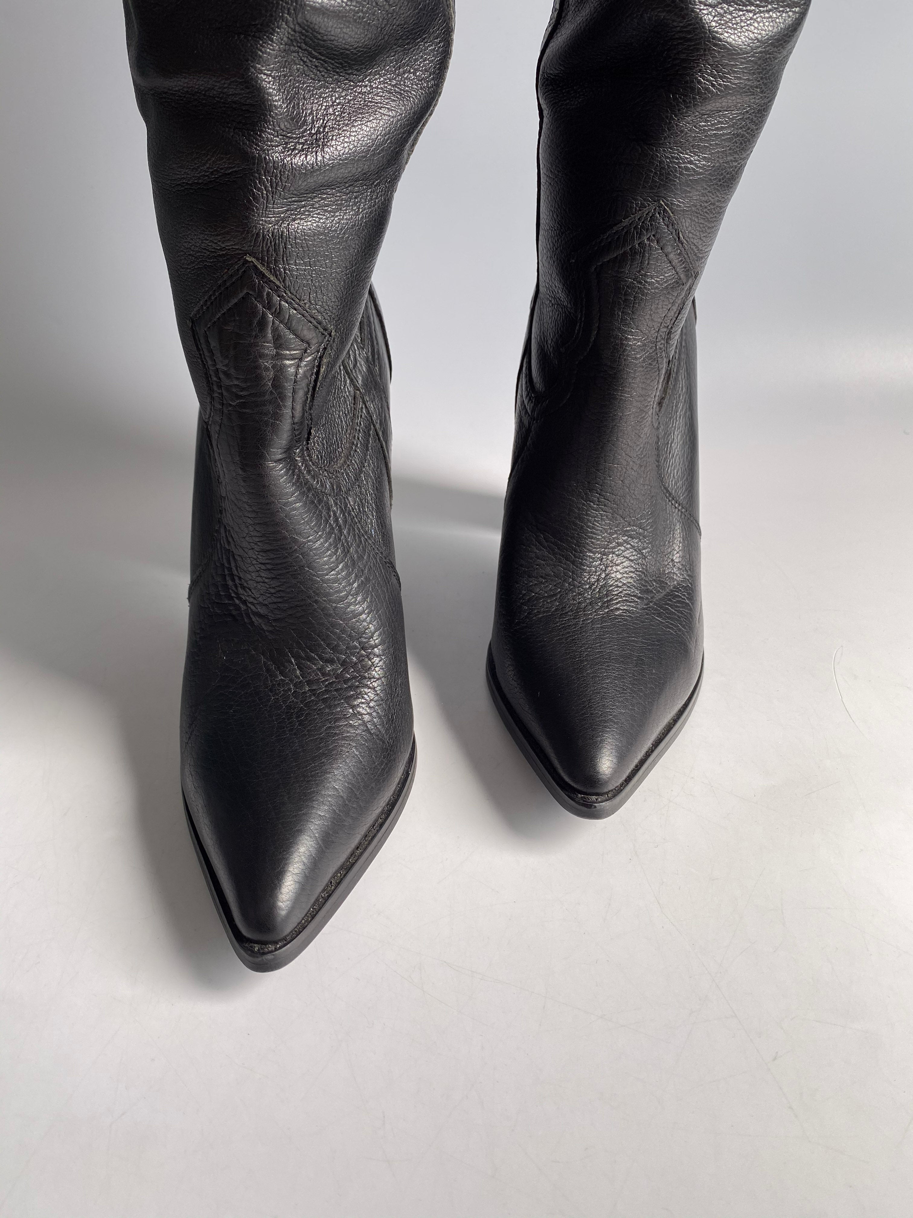 YSL Black Leather Knee-Length Boots with Heels Size 38 EUR | Purse Maison Luxury Bags Shop