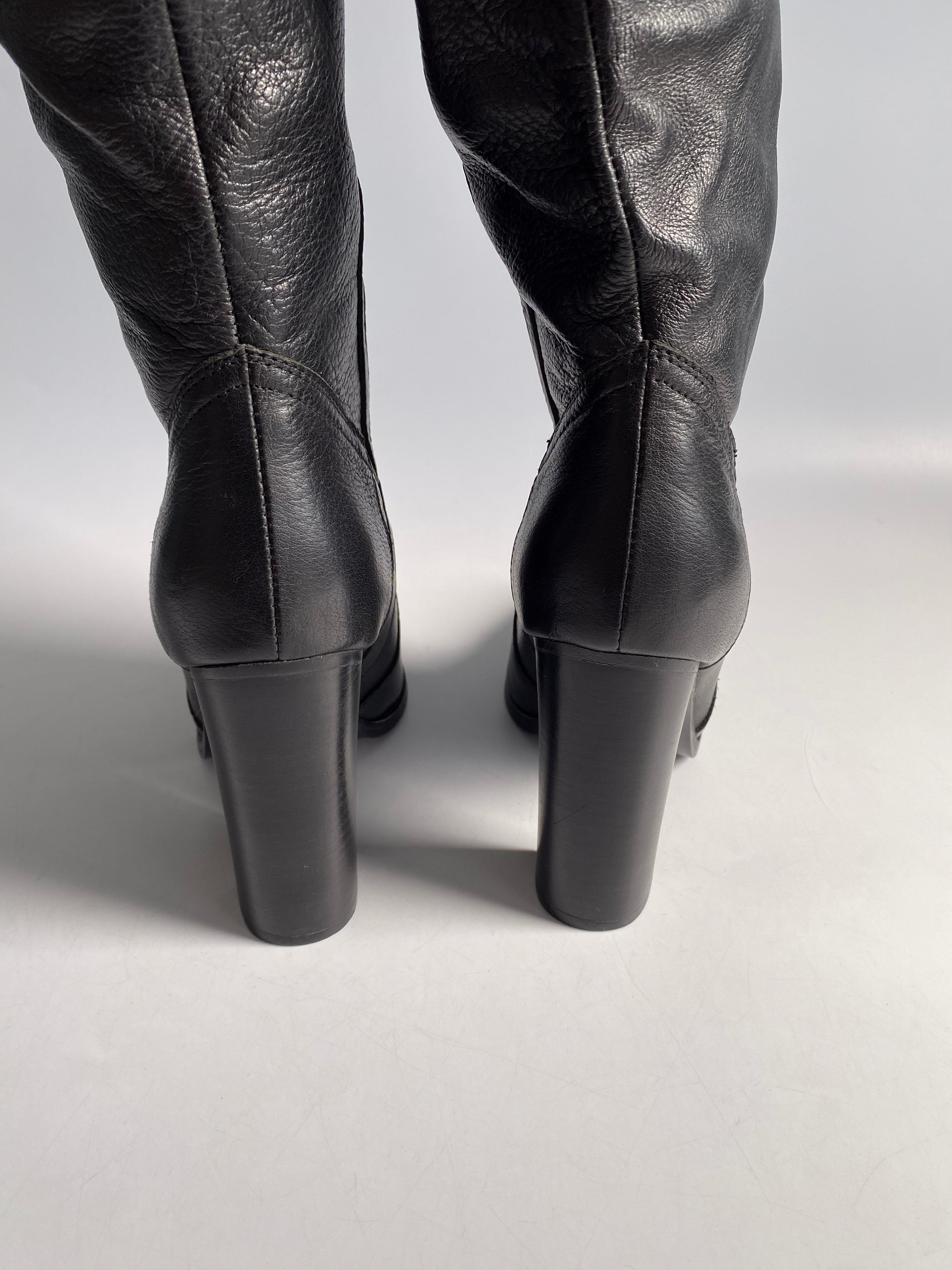 YSL Black Leather Knee-Length Boots with Heels Size 38 EUR | Purse Maison Luxury Bags Shop