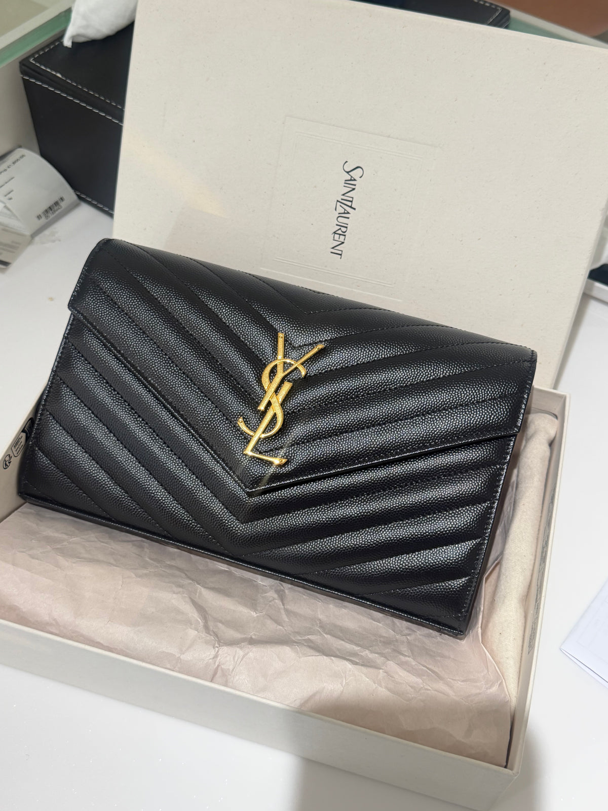 YSL CASSANDRE MATELASSE ENVELOPE WOC BLACK (BND377828 0525) | Purse Maison Luxury Bags Shop