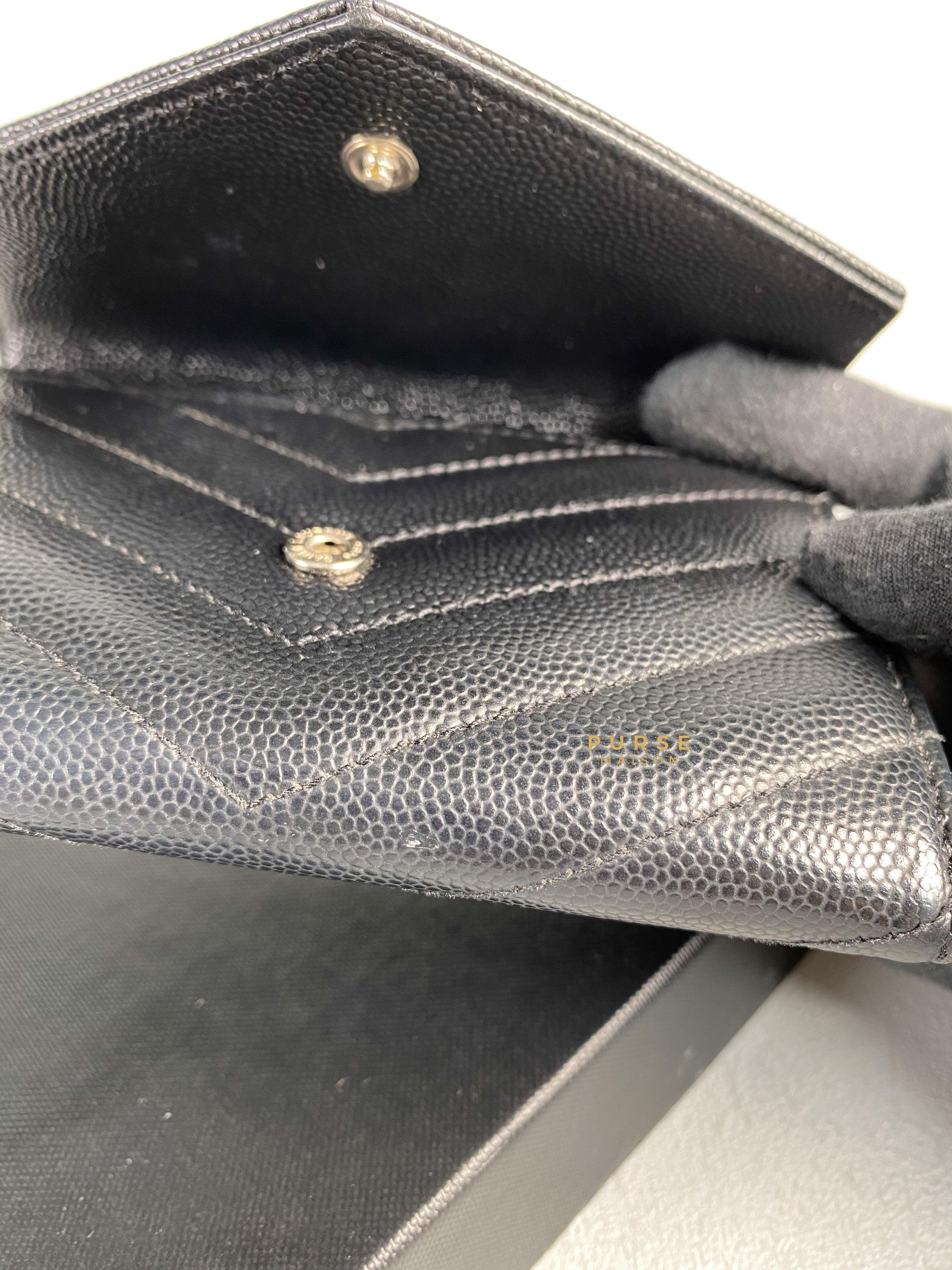 YSL Compact Flap Wallet Black Leather & Silver Hardware | Purse Maison Luxury Bags Shop