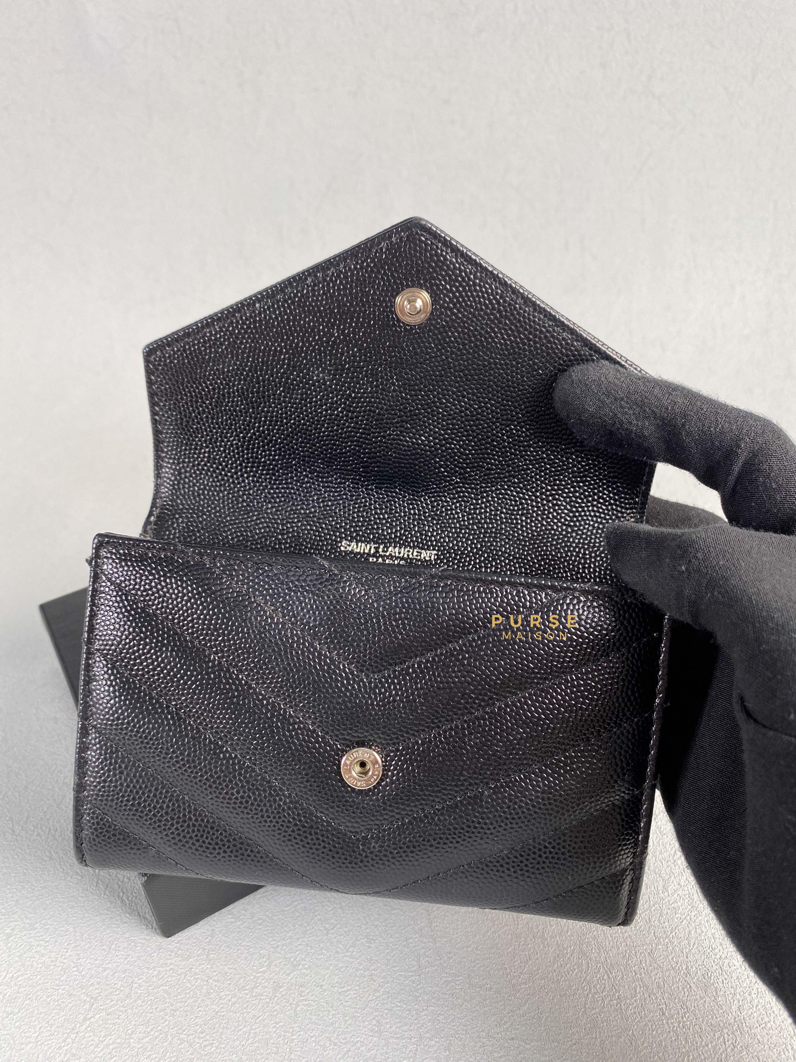 YSL Compact Flap Wallet Black Leather & Silver Hardware | Purse Maison Luxury Bags Shop