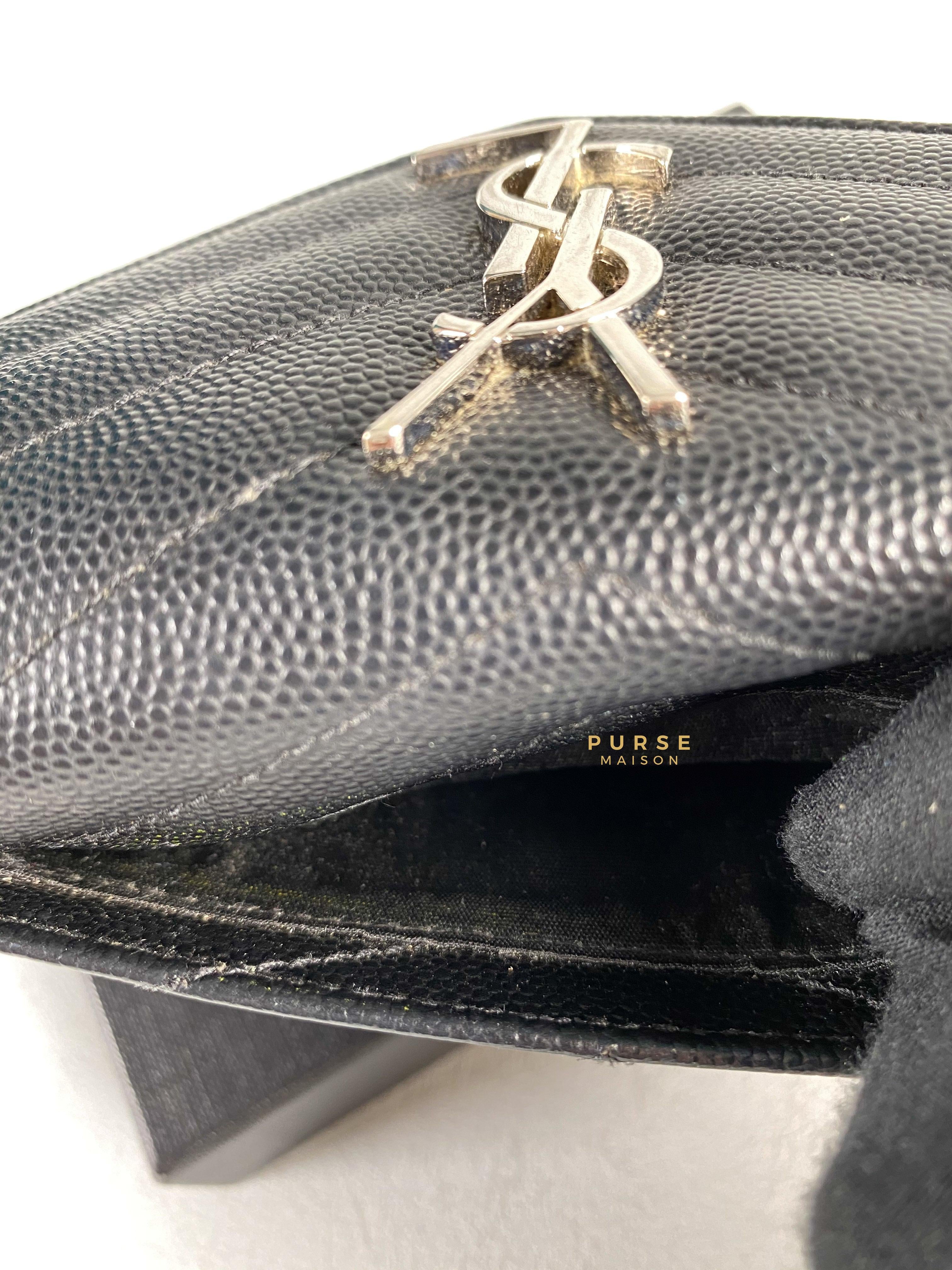 YSL Compact Flap Wallet Black Leather & Silver Hardware | Purse Maison Luxury Bags Shop