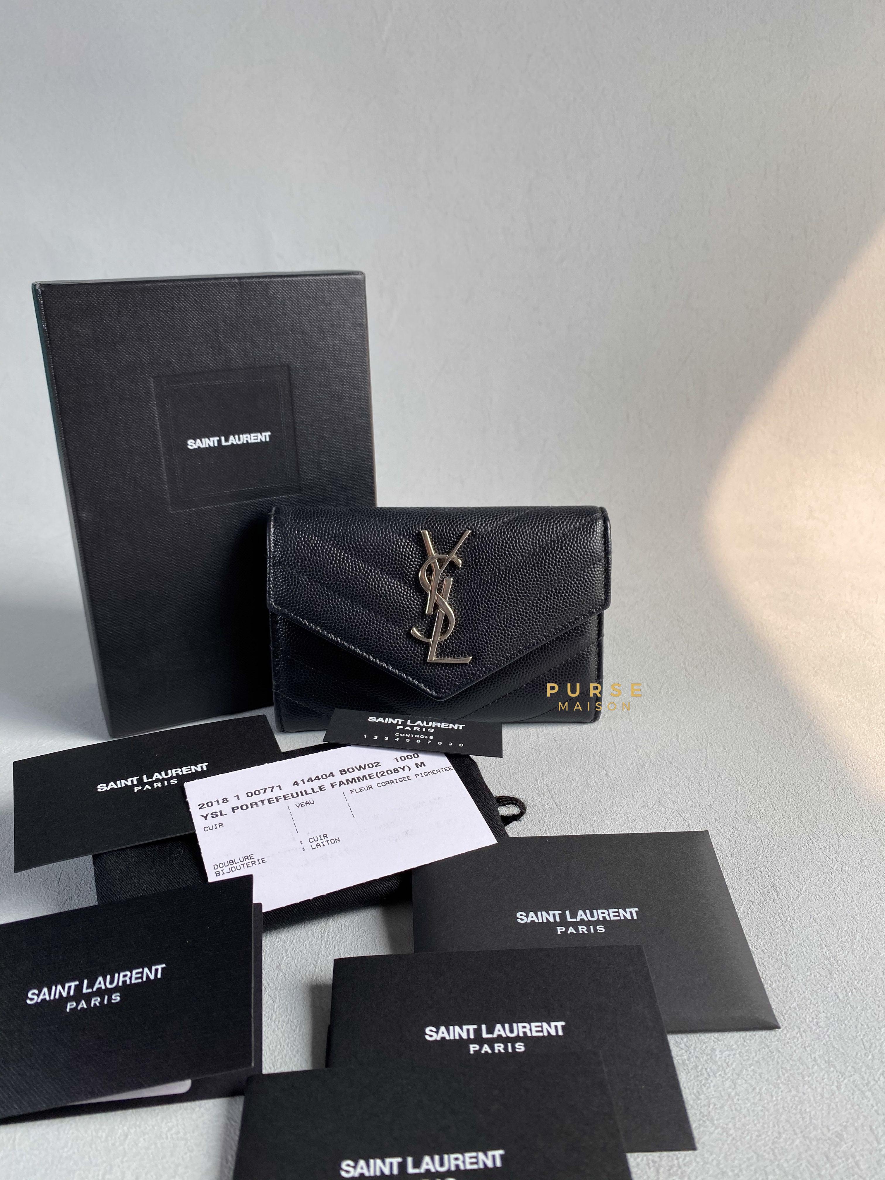 YSL Compact Flap Wallet Black Leather & Silver Hardware | Purse Maison Luxury Bags Shop