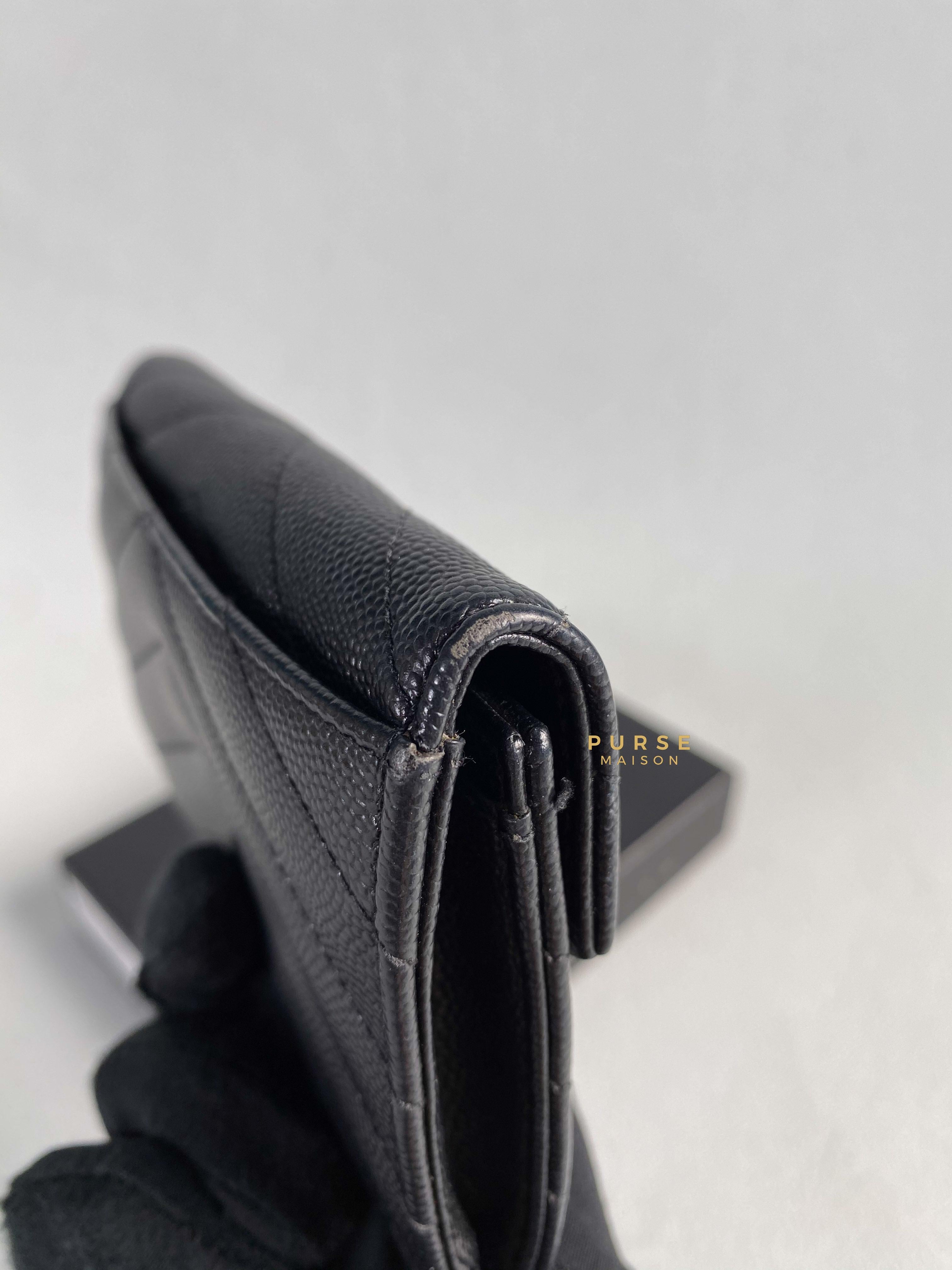 YSL Compact Flap Wallet Black Leather & Silver Hardware | Purse Maison Luxury Bags Shop