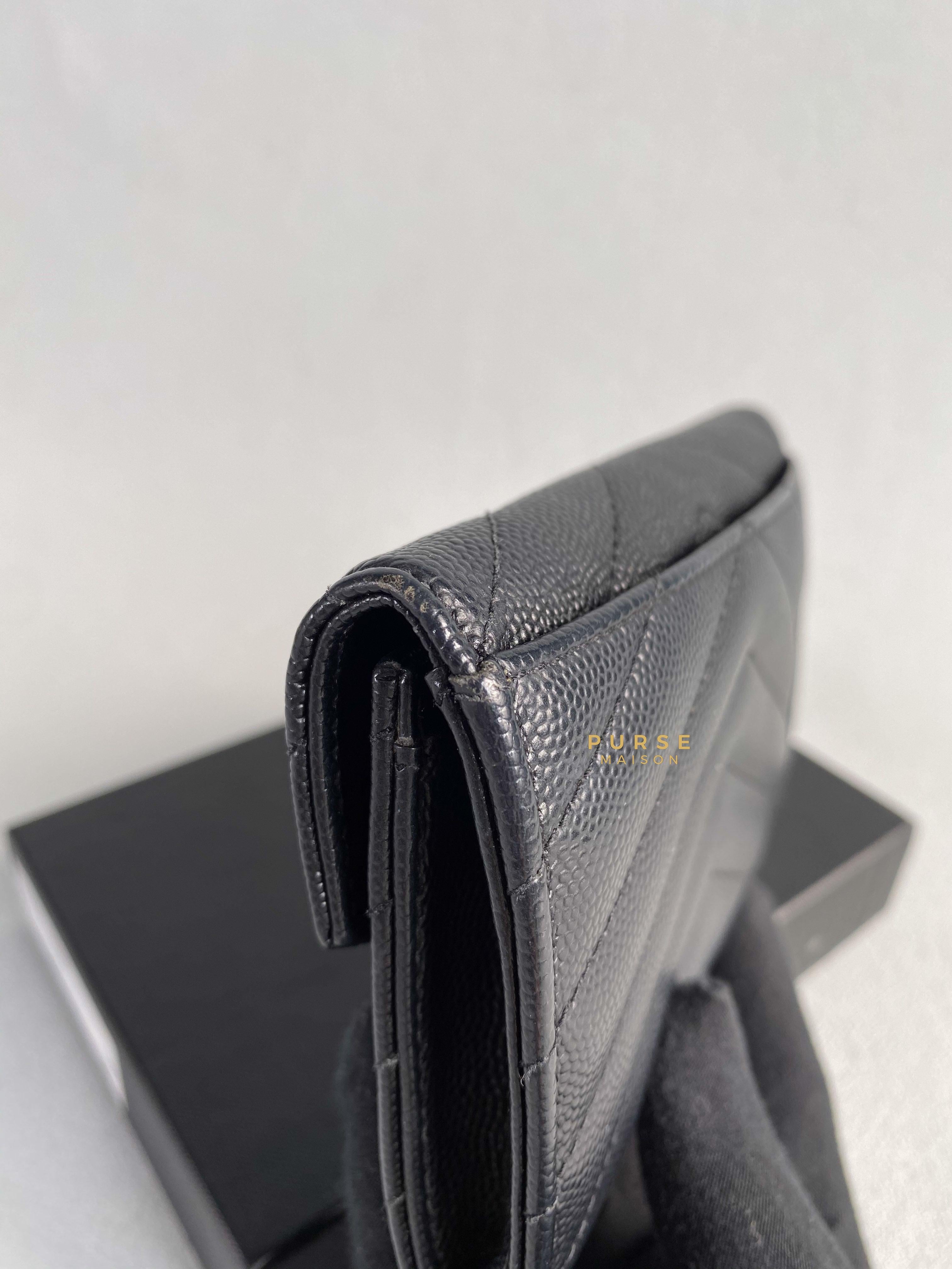 YSL Compact Flap Wallet Black Leather & Silver Hardware | Purse Maison Luxury Bags Shop