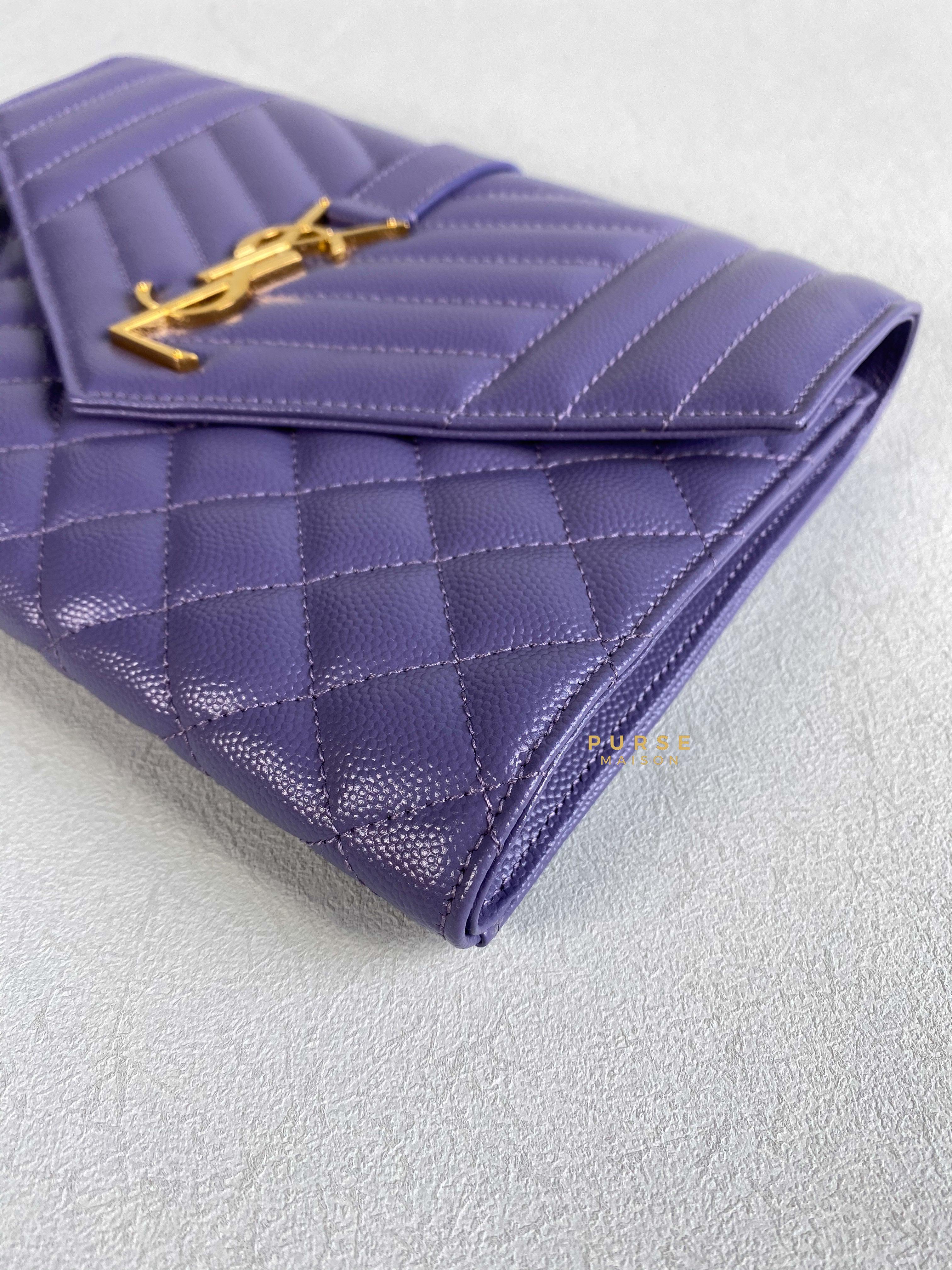 YSL Envelope Clutch in Mix Matelasse Grain De Poudre Embossed Purple Leather | Purse Maison Luxury Bags Shop