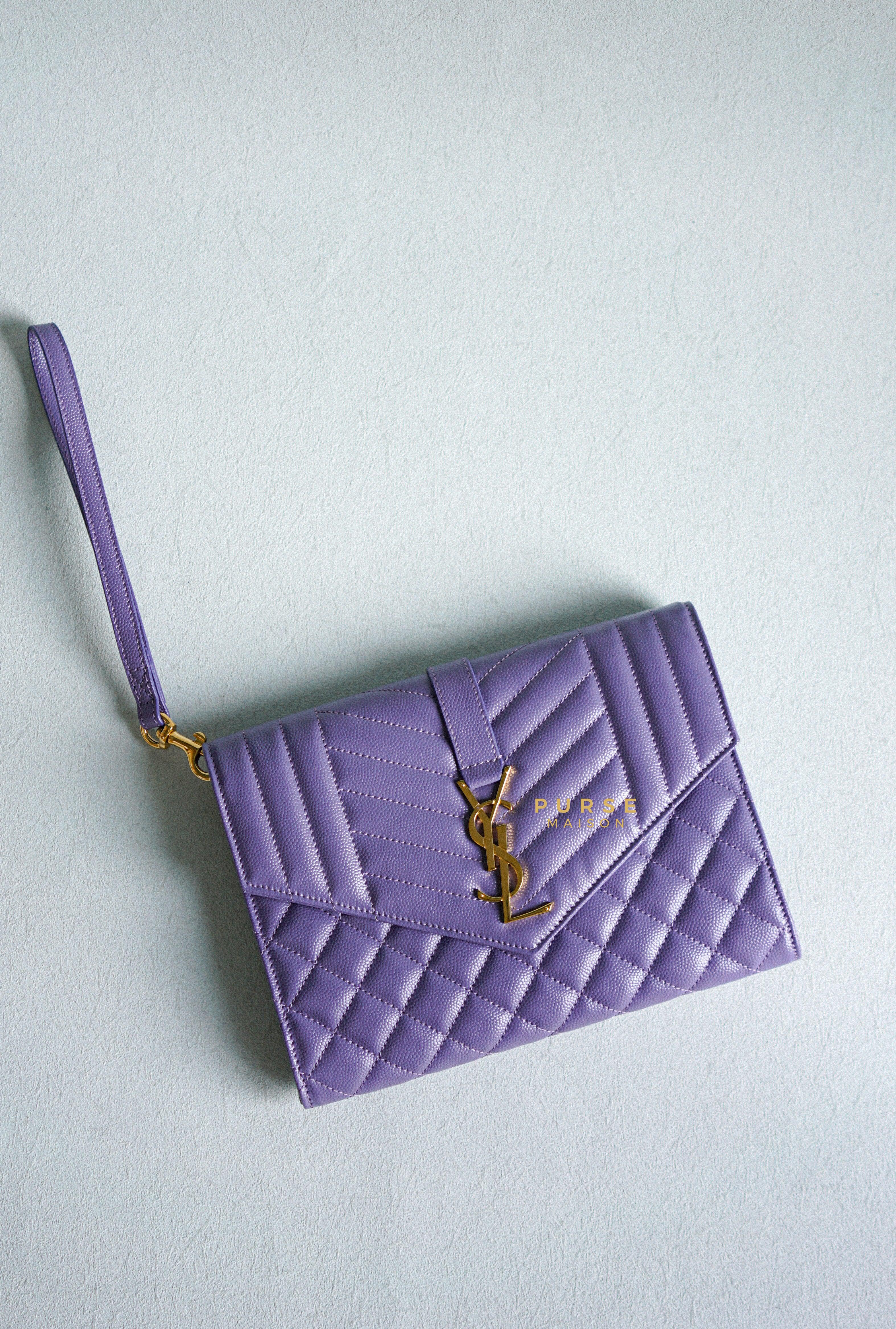 YSL Envelope Clutch in Mix Matelasse Grain De Poudre Embossed Purple Leather | Purse Maison Luxury Bags Shop