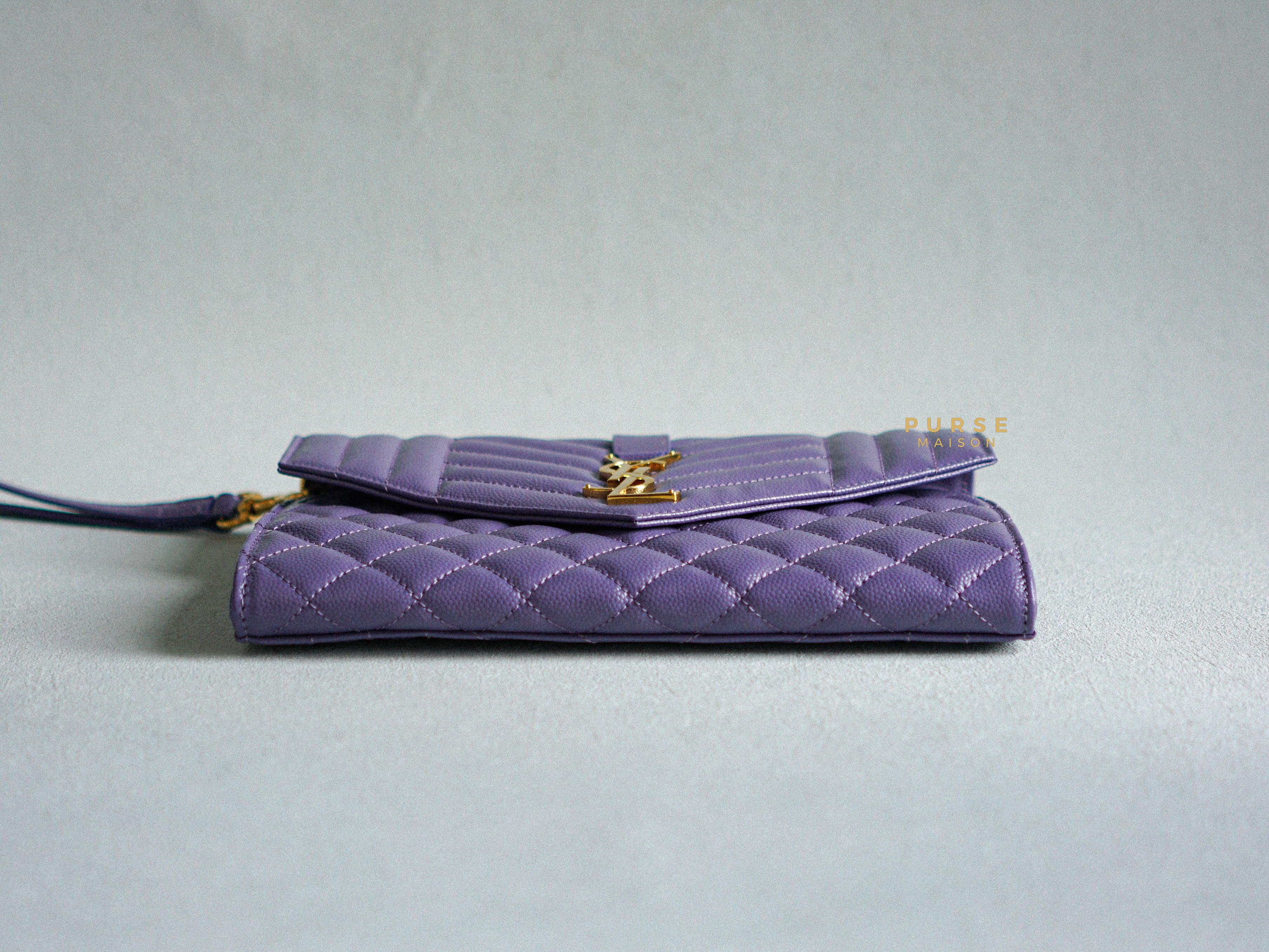 YSL Envelope Clutch in Mix Matelasse Grain De Poudre Embossed Purple Leather | Purse Maison Luxury Bags Shop