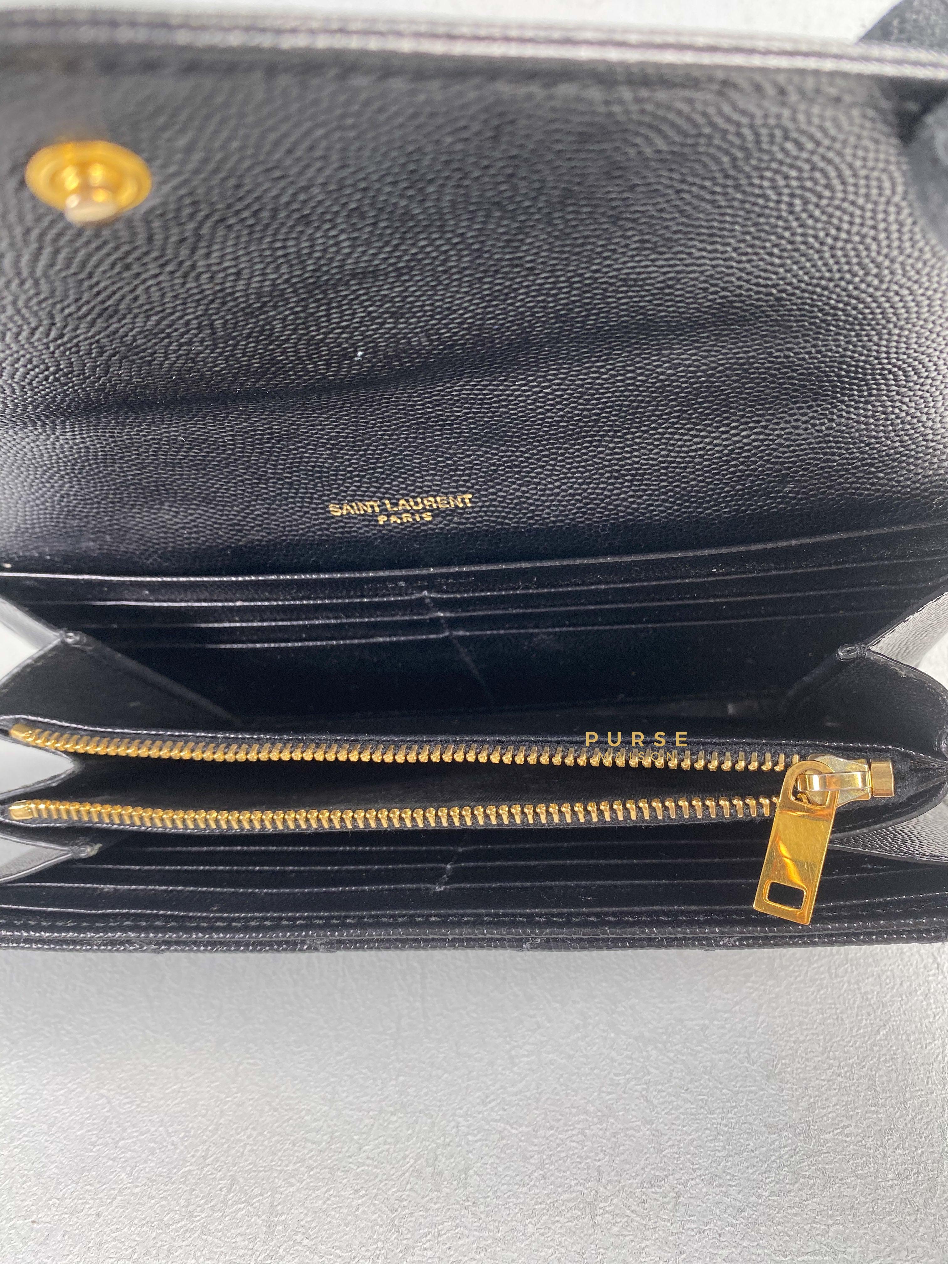 YSL Flap Long Wallet in Black Monogram Grain Leather | Purse Maison Luxury Bags Shop