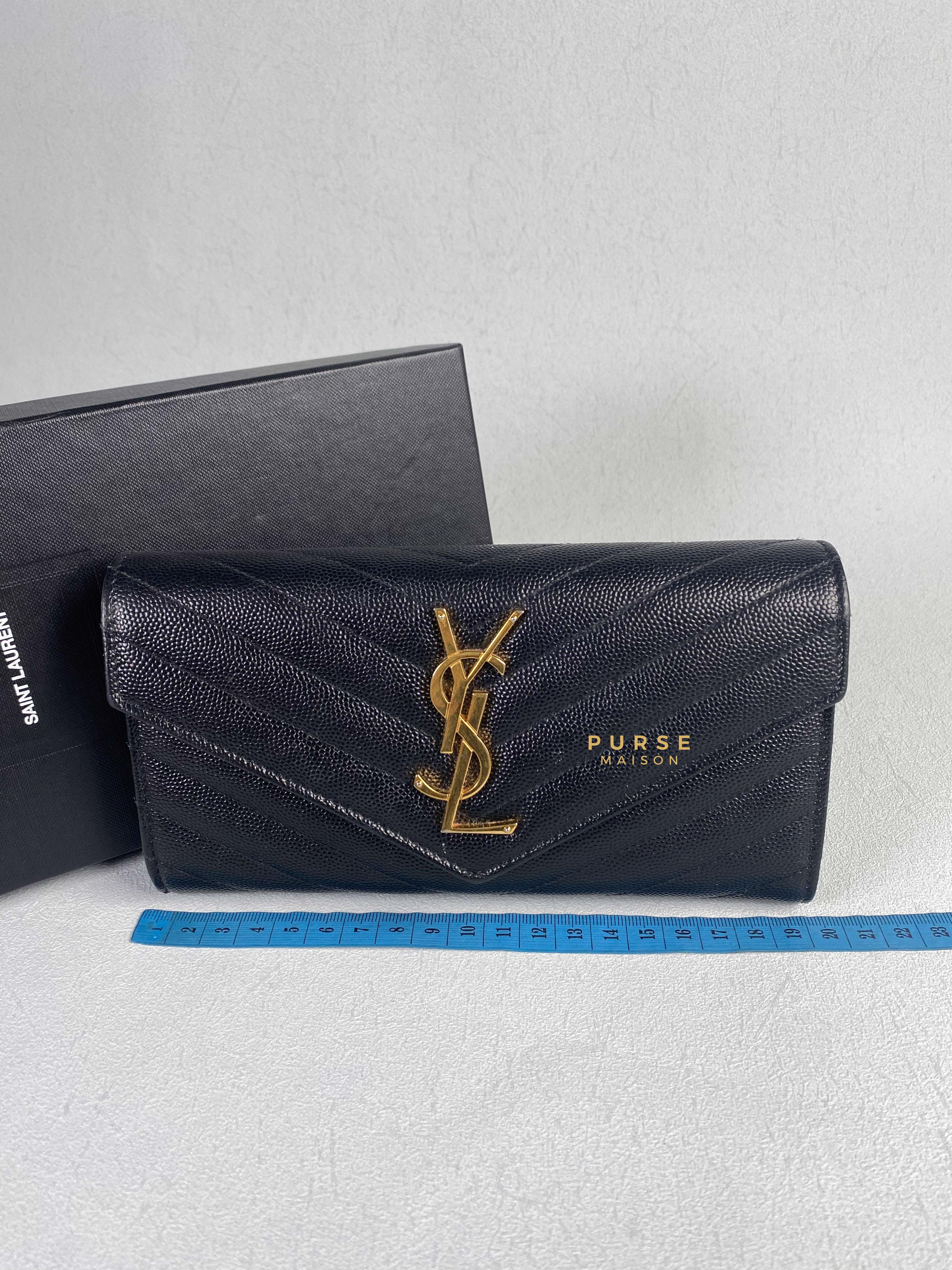 YSL Flap Long Wallet in Black Monogram Grain Leather | Purse Maison Luxury Bags Shop