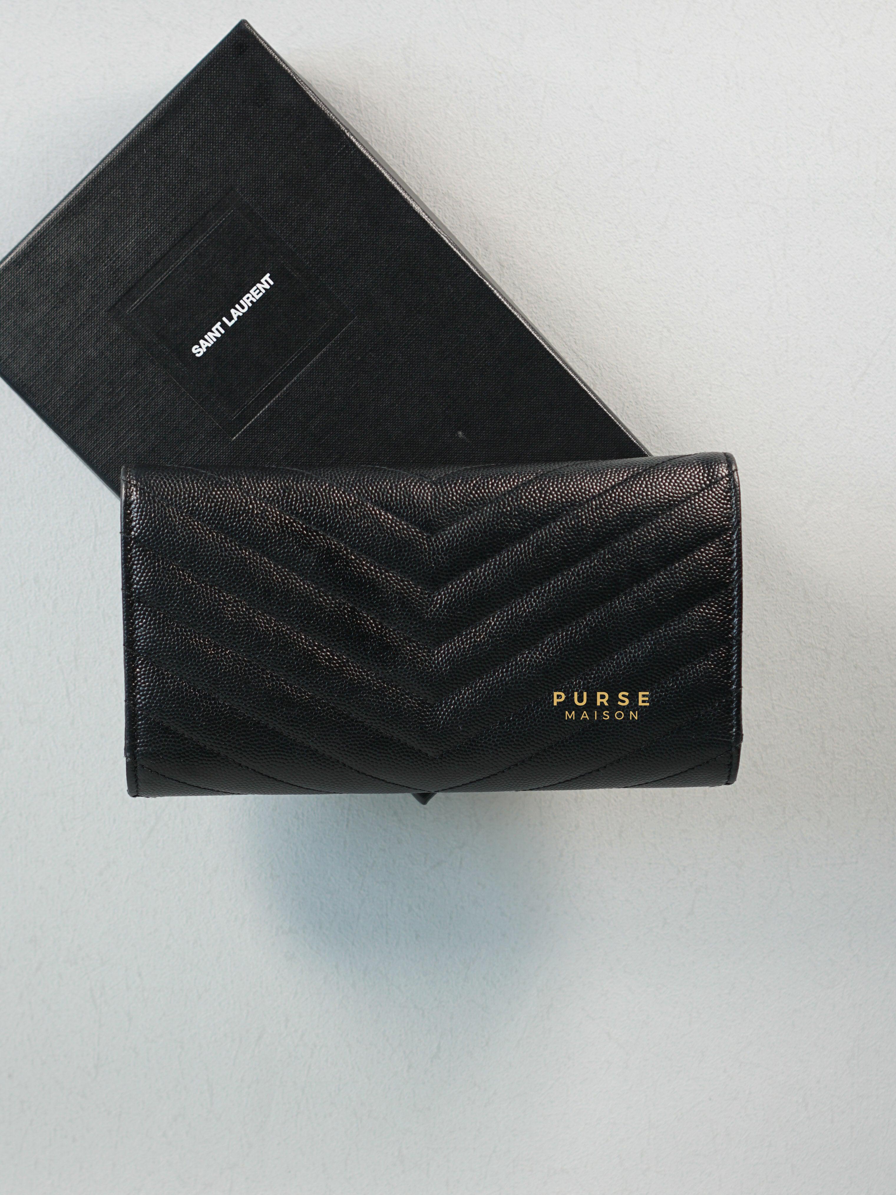 YSL Flap Long Wallet in Black Monogram Grain Leather | Purse Maison Luxury Bags Shop