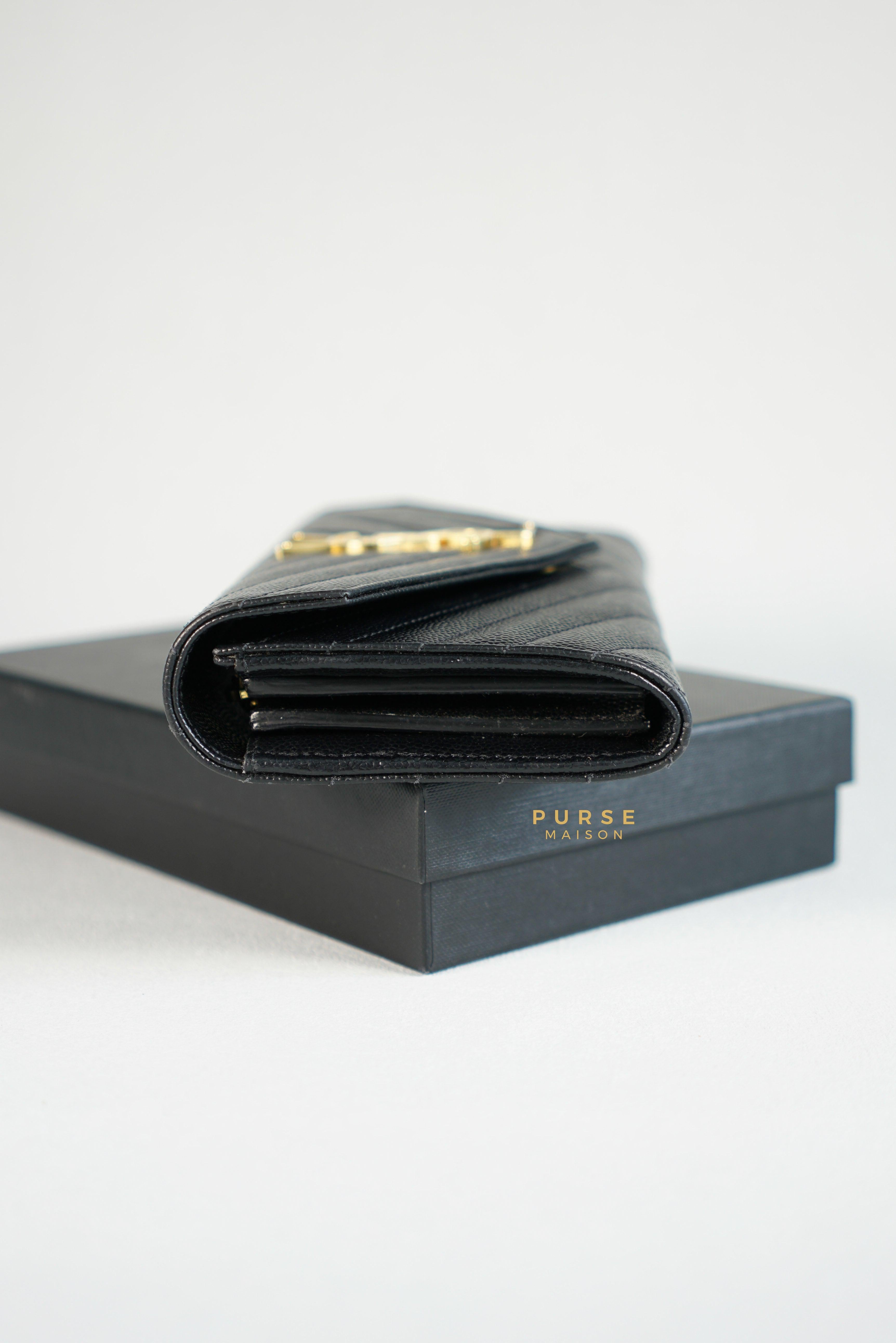 YSL Flap Long Wallet in Black Monogram Grain Leather | Purse Maison Luxury Bags Shop