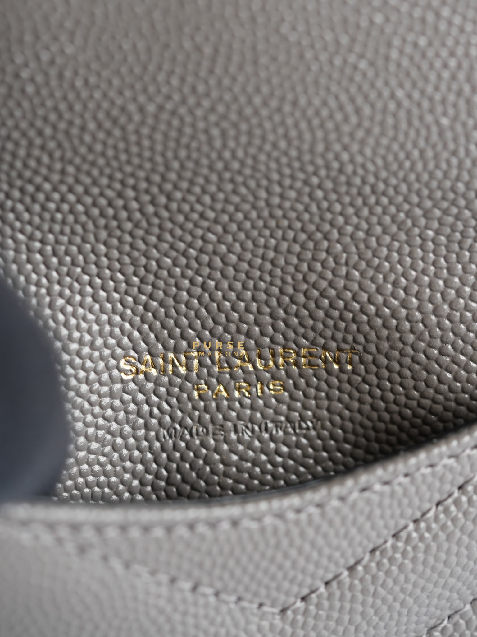 YSL Monogram Ziptop Flap Card Case in Grey Grained Leather and Gold Hardware | Purse Maison Luxury Bags Shop