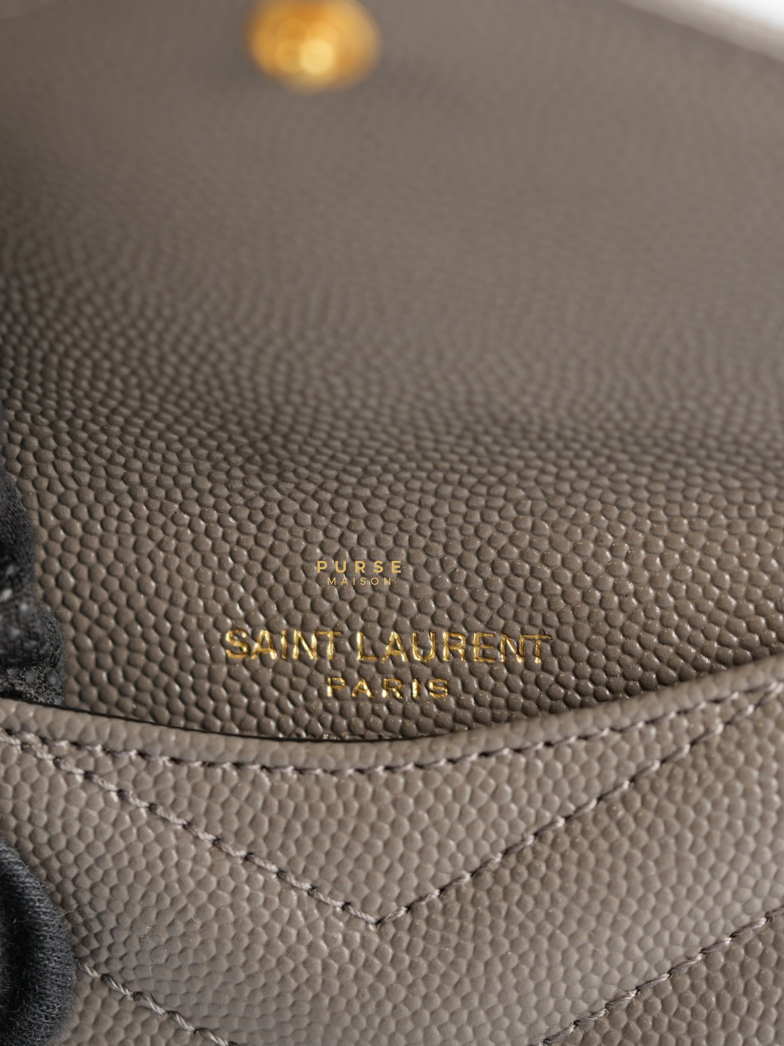 YSL Monogram Ziptop Flap Card Case in Grey Grained Leather and Gold Hardware | Purse Maison Luxury Bags Shop