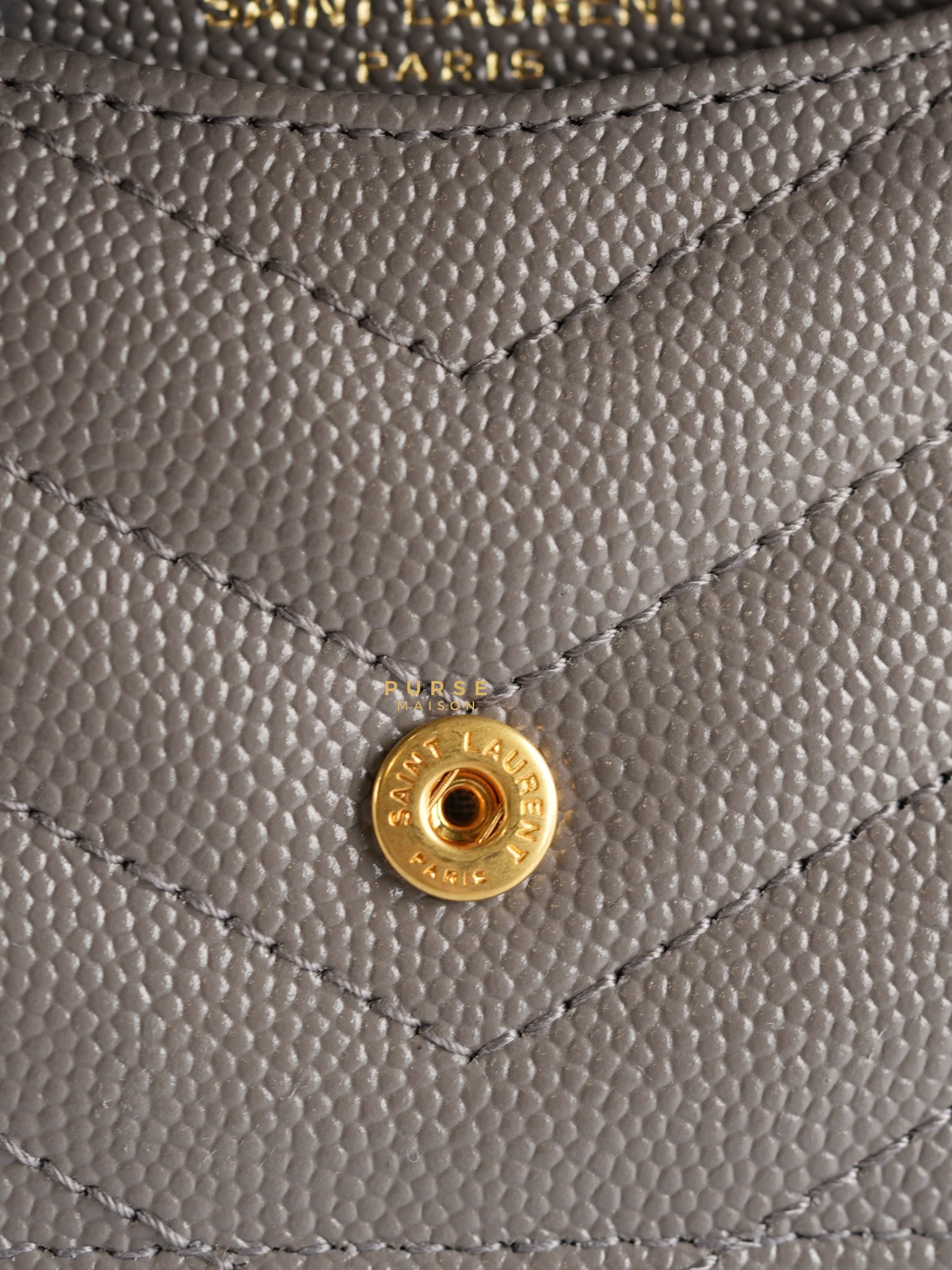 YSL Monogram Ziptop Flap Card Case in Grey Grained Leather and Gold Hardware | Purse Maison Luxury Bags Shop