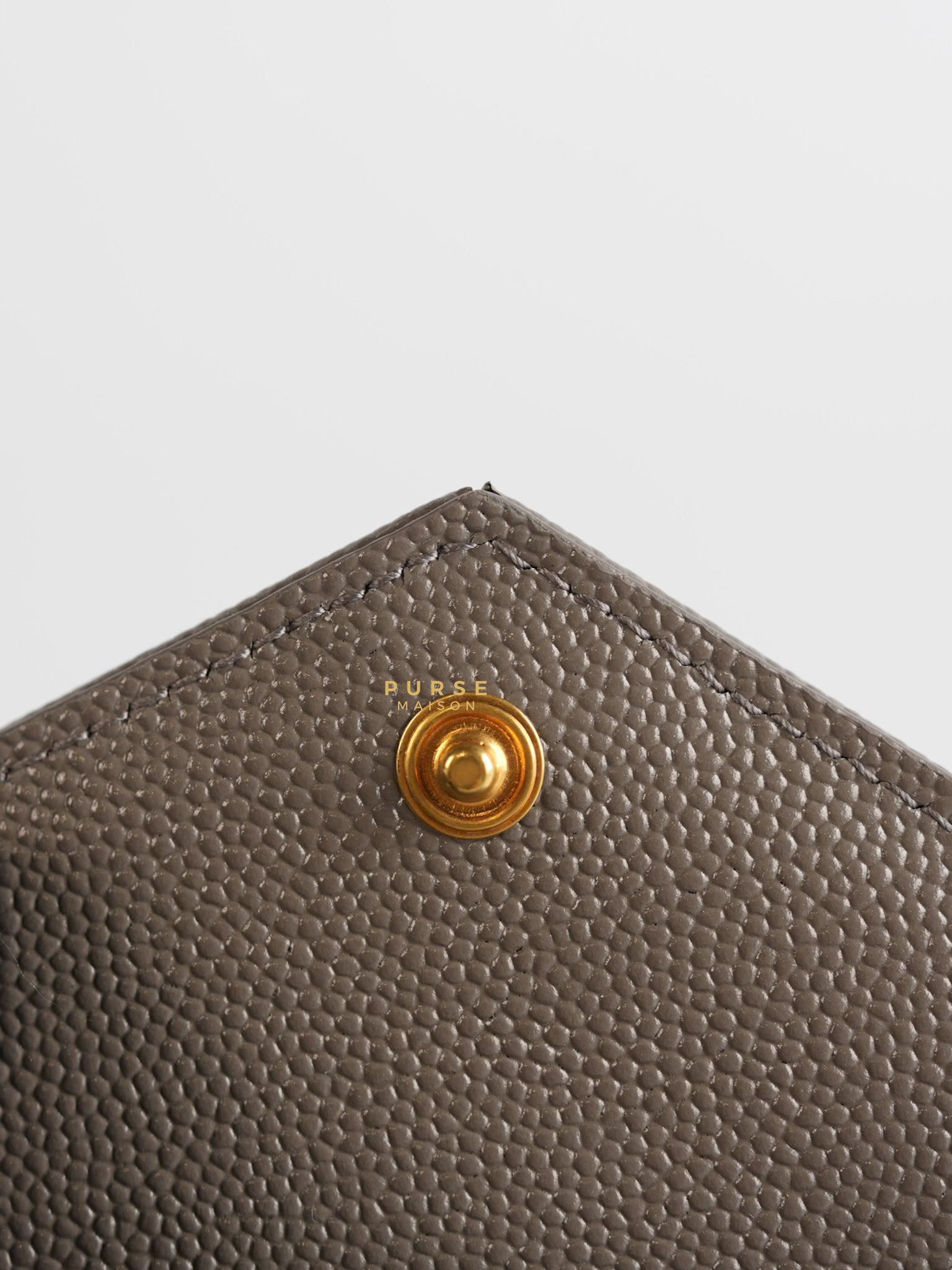 YSL Monogram Ziptop Flap Card Case in Grey Grained Leather and Gold Hardware | Purse Maison Luxury Bags Shop