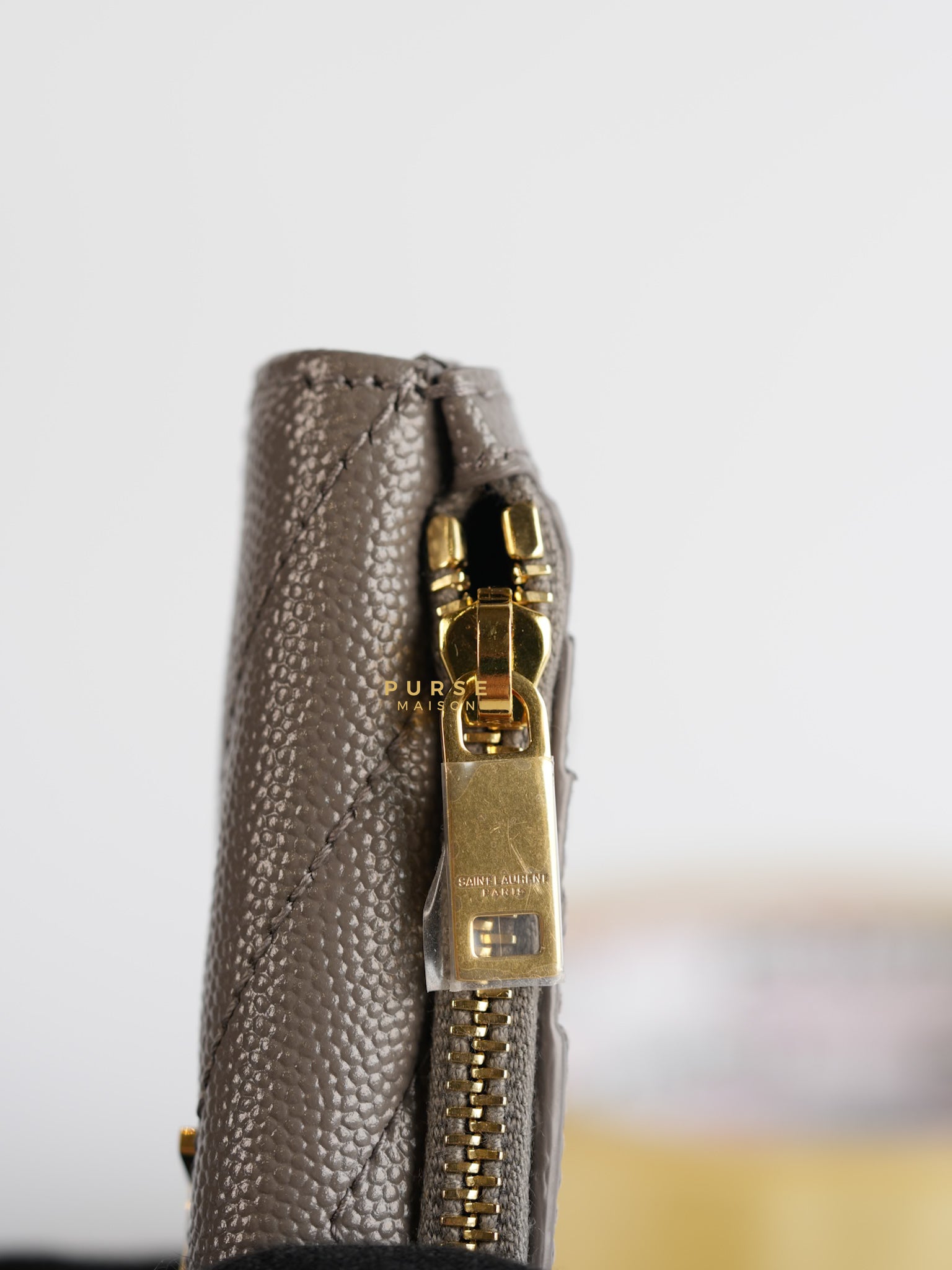 YSL Monogram Ziptop Flap Card Case in Grey Grained Leather and Gold Hardware | Purse Maison Luxury Bags Shop