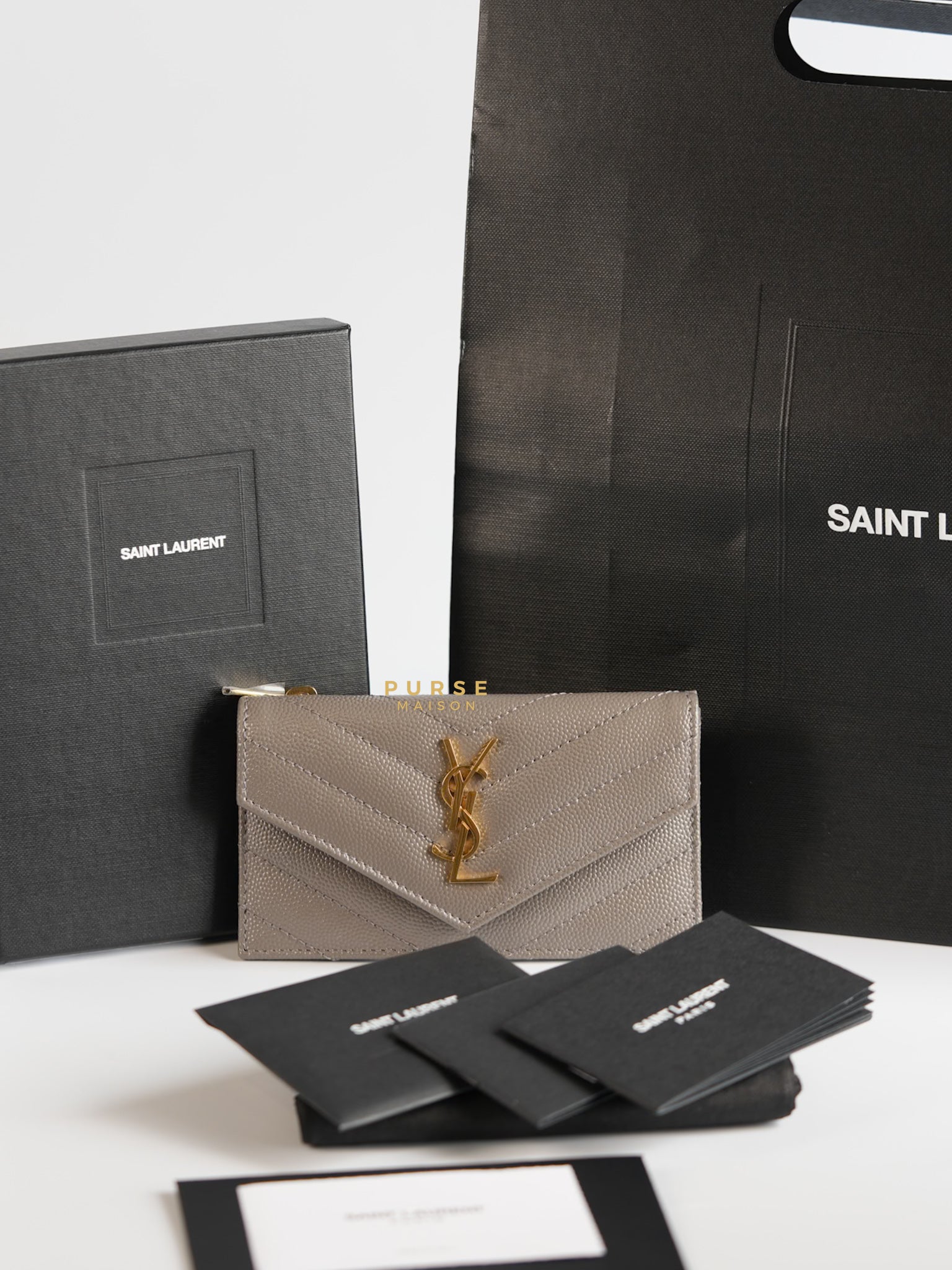 YSL Monogram Ziptop Flap Card Case in Grey Grained Leather and Gold Hardware | Purse Maison Luxury Bags Shop