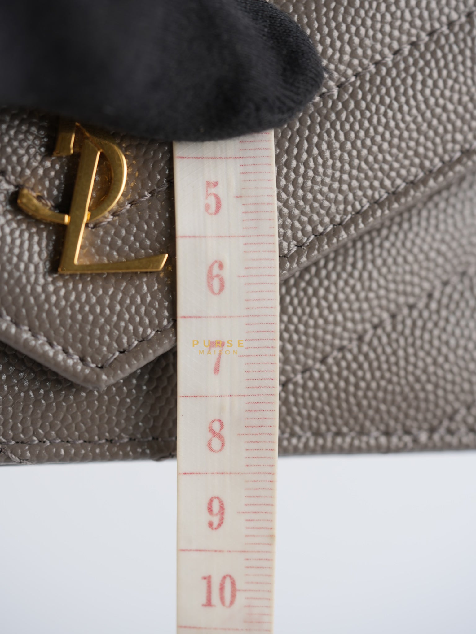 YSL Monogram Ziptop Flap Card Case in Grey Grained Leather and Gold Hardware | Purse Maison Luxury Bags Shop