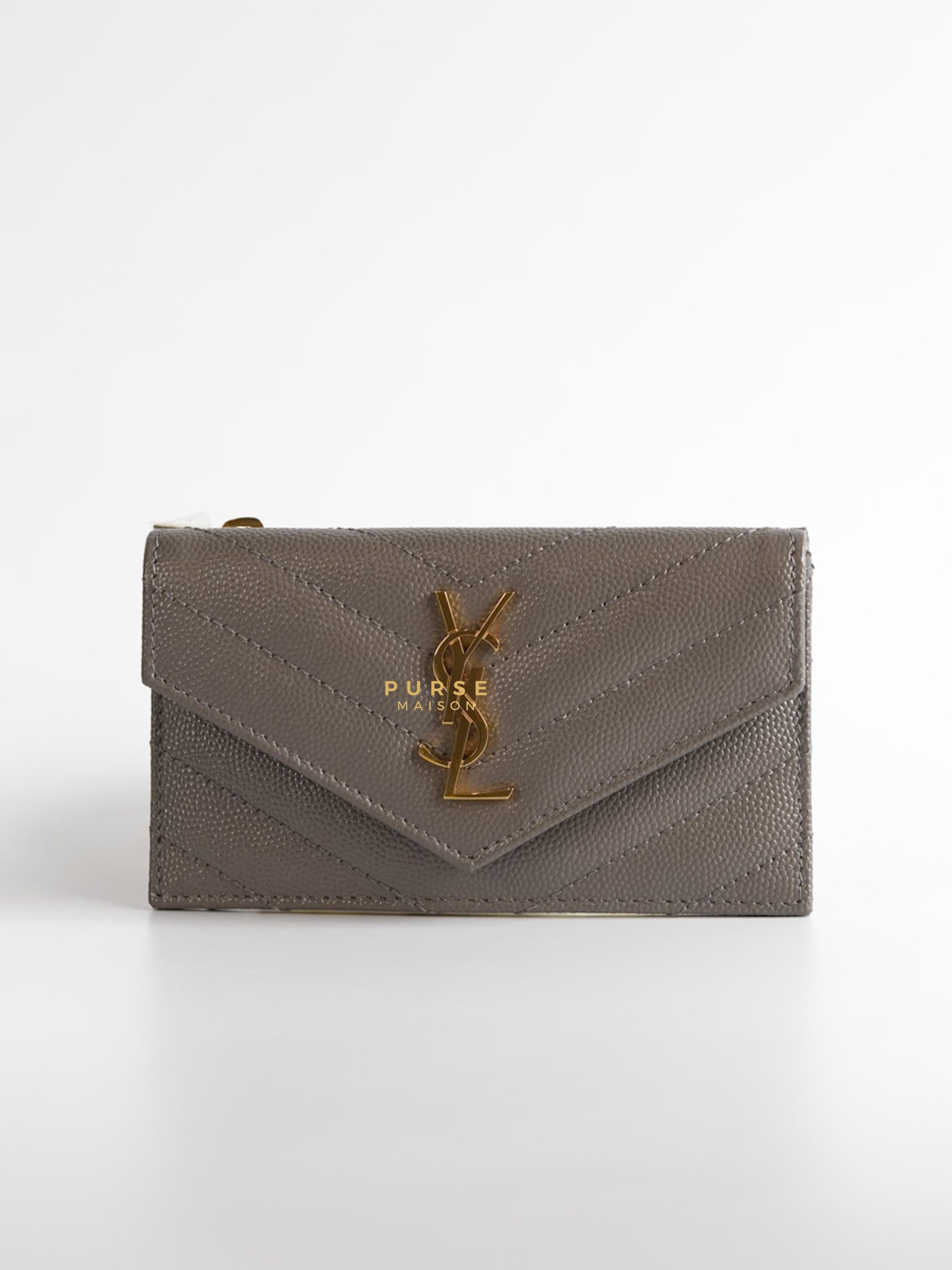 YSL Monogram Ziptop Flap Card Case in Grey Grained Leather and Gold Hardware | Purse Maison Luxury Bags Shop