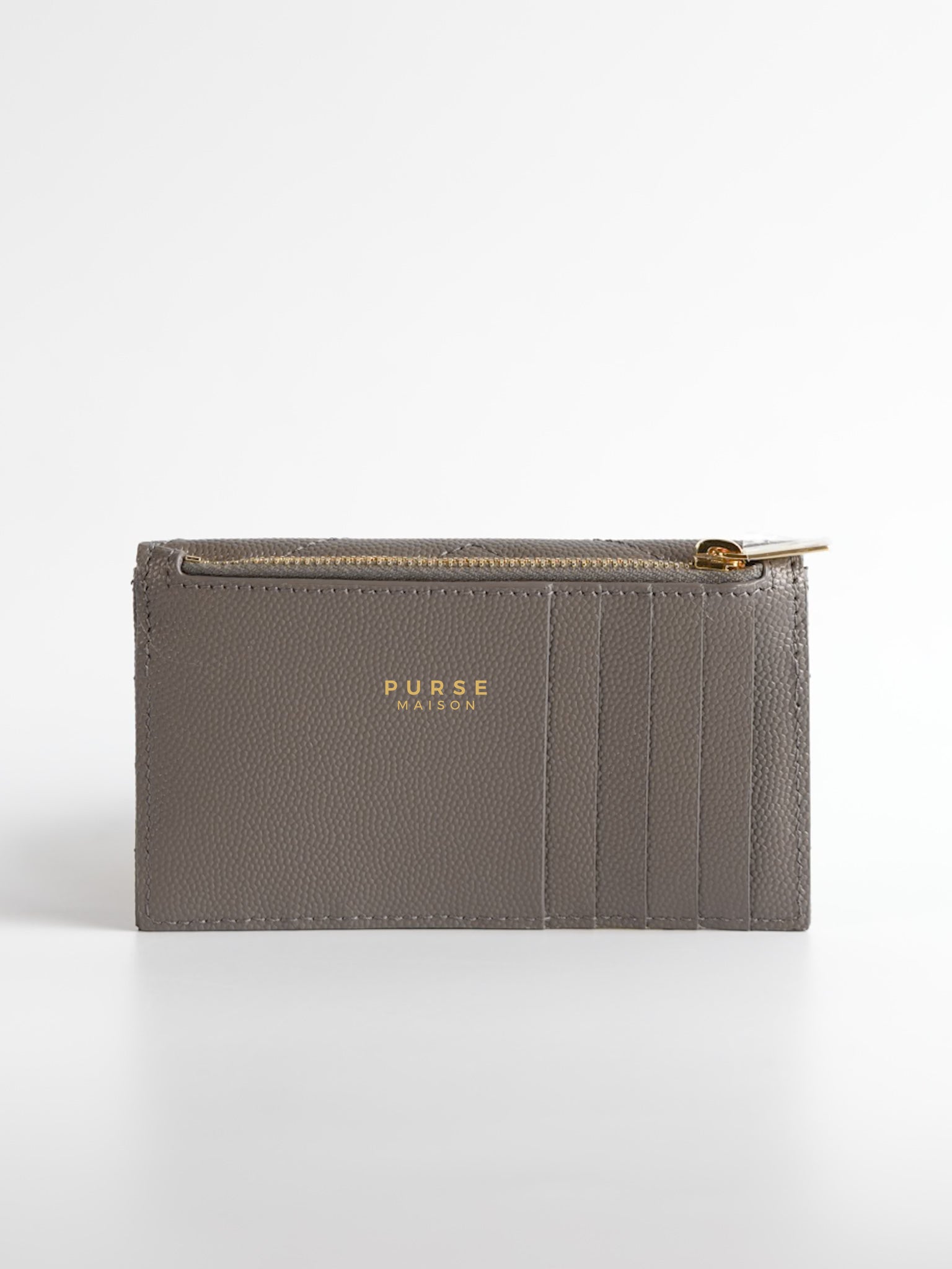 YSL Monogram Ziptop Flap Card Case in Grey Grained Leather and Gold Hardware | Purse Maison Luxury Bags Shop