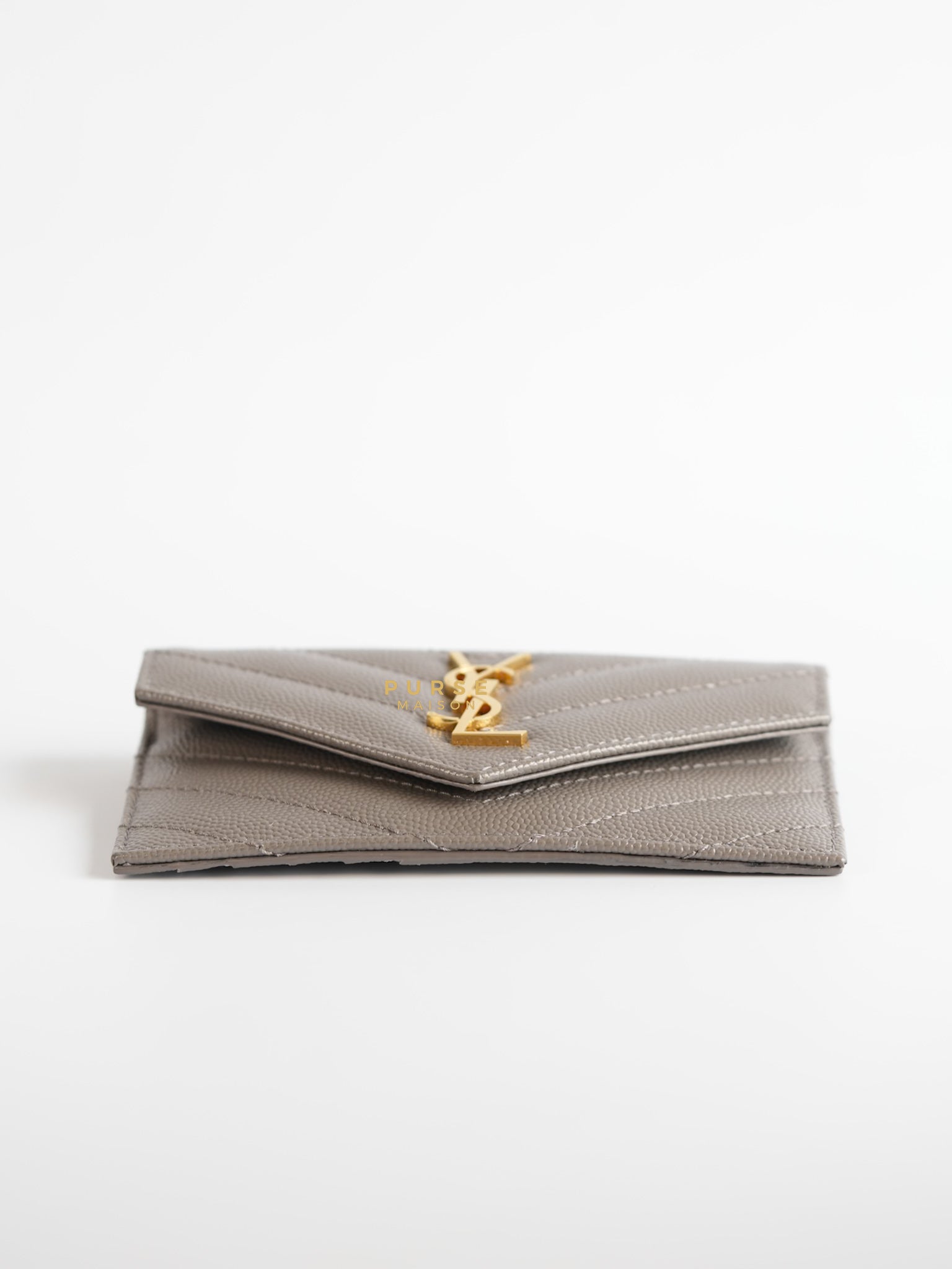 YSL Monogram Ziptop Flap Card Case in Grey Grained Leather and Gold Hardware | Purse Maison Luxury Bags Shop