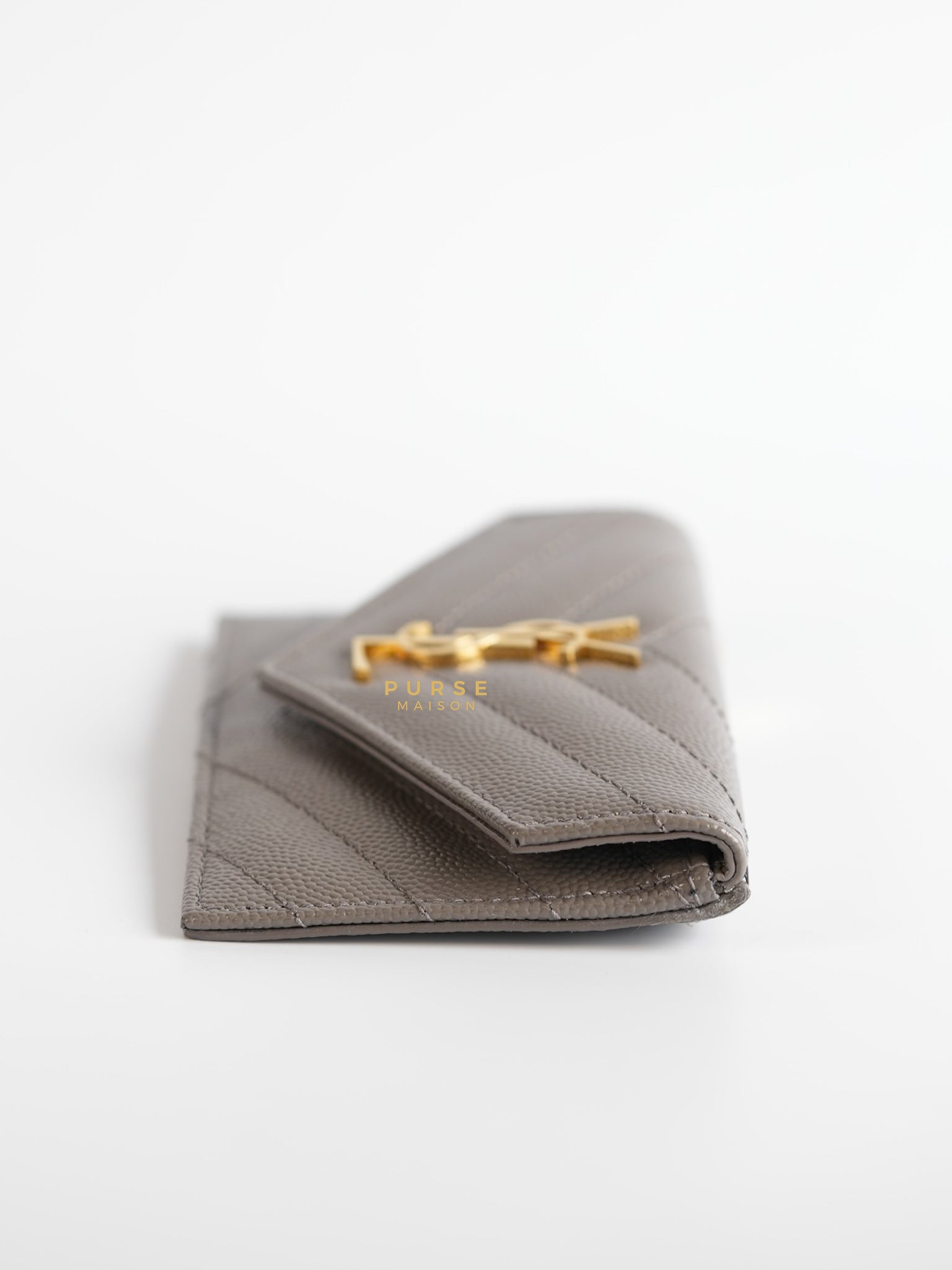 YSL Monogram Ziptop Flap Card Case in Grey Grained Leather and Gold Hardware | Purse Maison Luxury Bags Shop