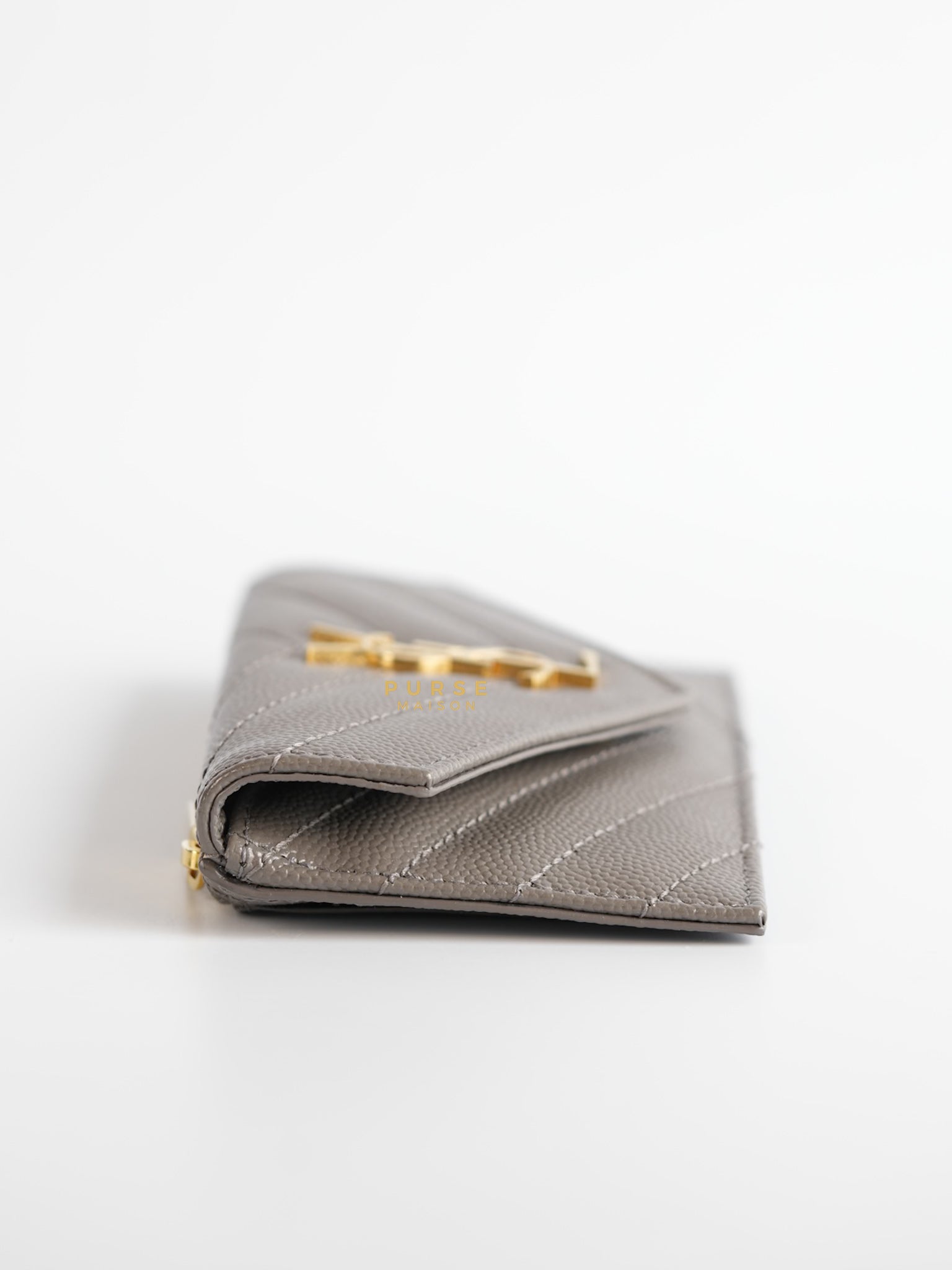 YSL Monogram Ziptop Flap Card Case in Grey Grained Leather and Gold Hardware | Purse Maison Luxury Bags Shop