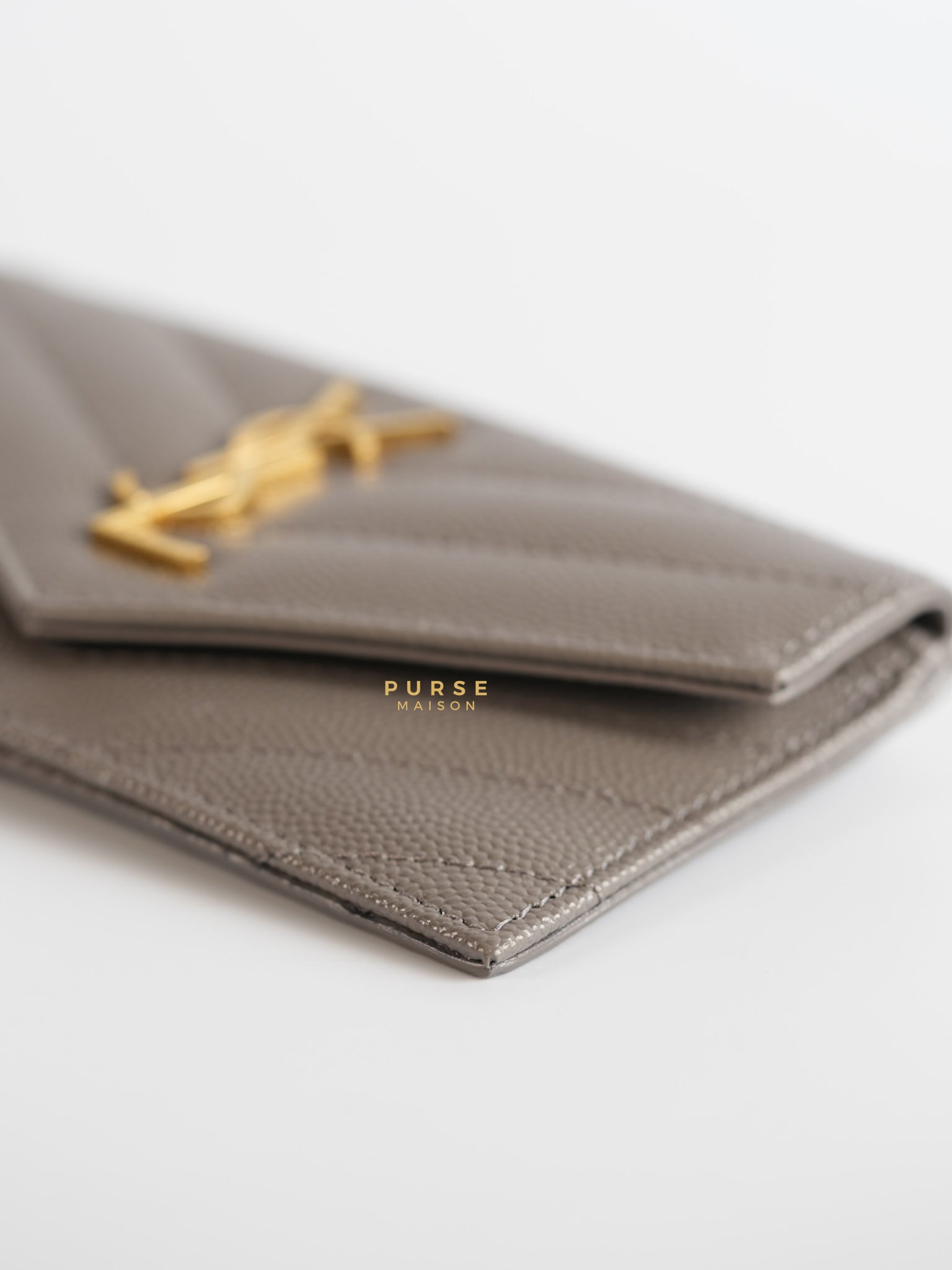 YSL Monogram Ziptop Flap Card Case in Grey Grained Leather and Gold Hardware | Purse Maison Luxury Bags Shop