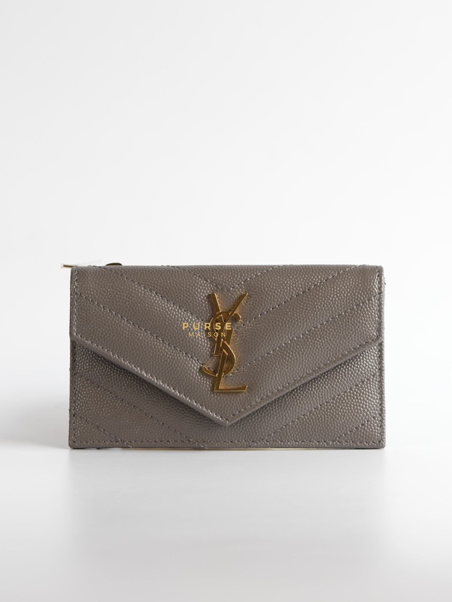 YSL Monogram Ziptop Flap Card Case in Grey Grained Leather and Gold Hardware | Purse Maison Luxury Bags Shop