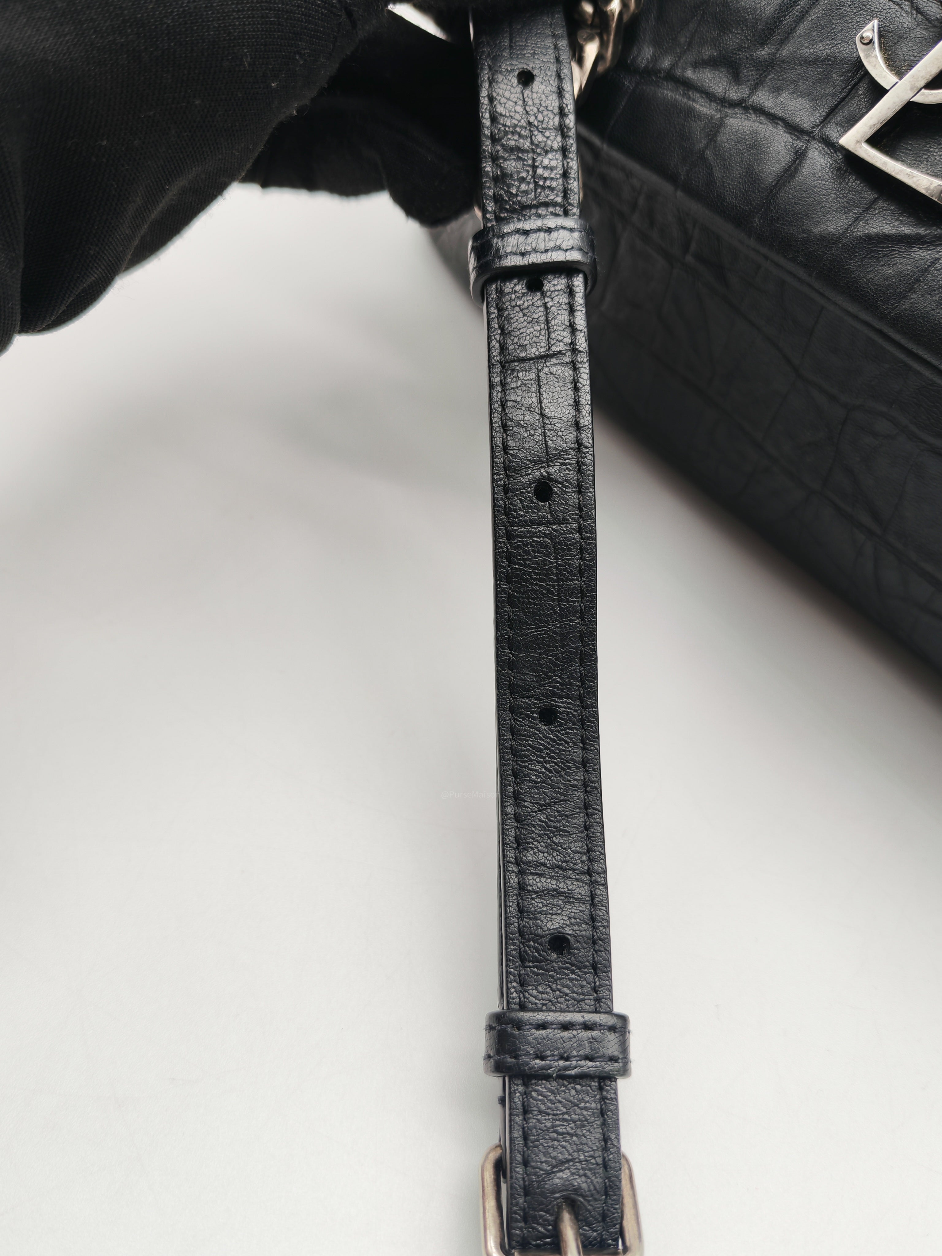 Yves Saint Laurent Medium West Hollywood Monogram Fold-over in Black Crocodile-Embossed Calfskin Leather Crossbody Bag