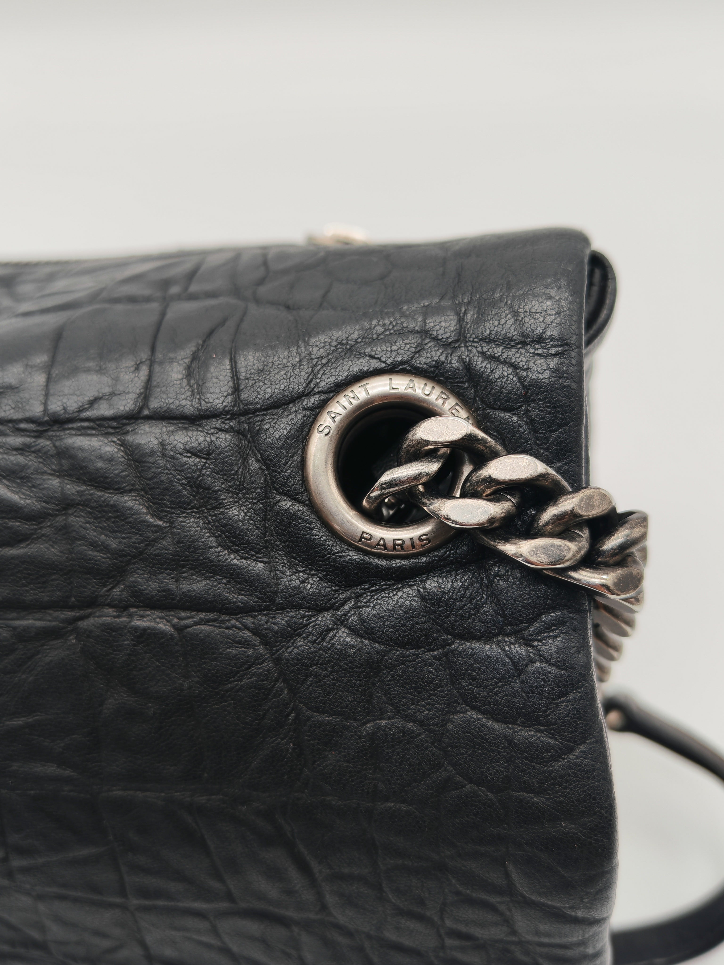 Yves Saint Laurent Medium West Hollywood Monogram Fold-over in Black Crocodile-Embossed Calfskin Leather Crossbody Bag
