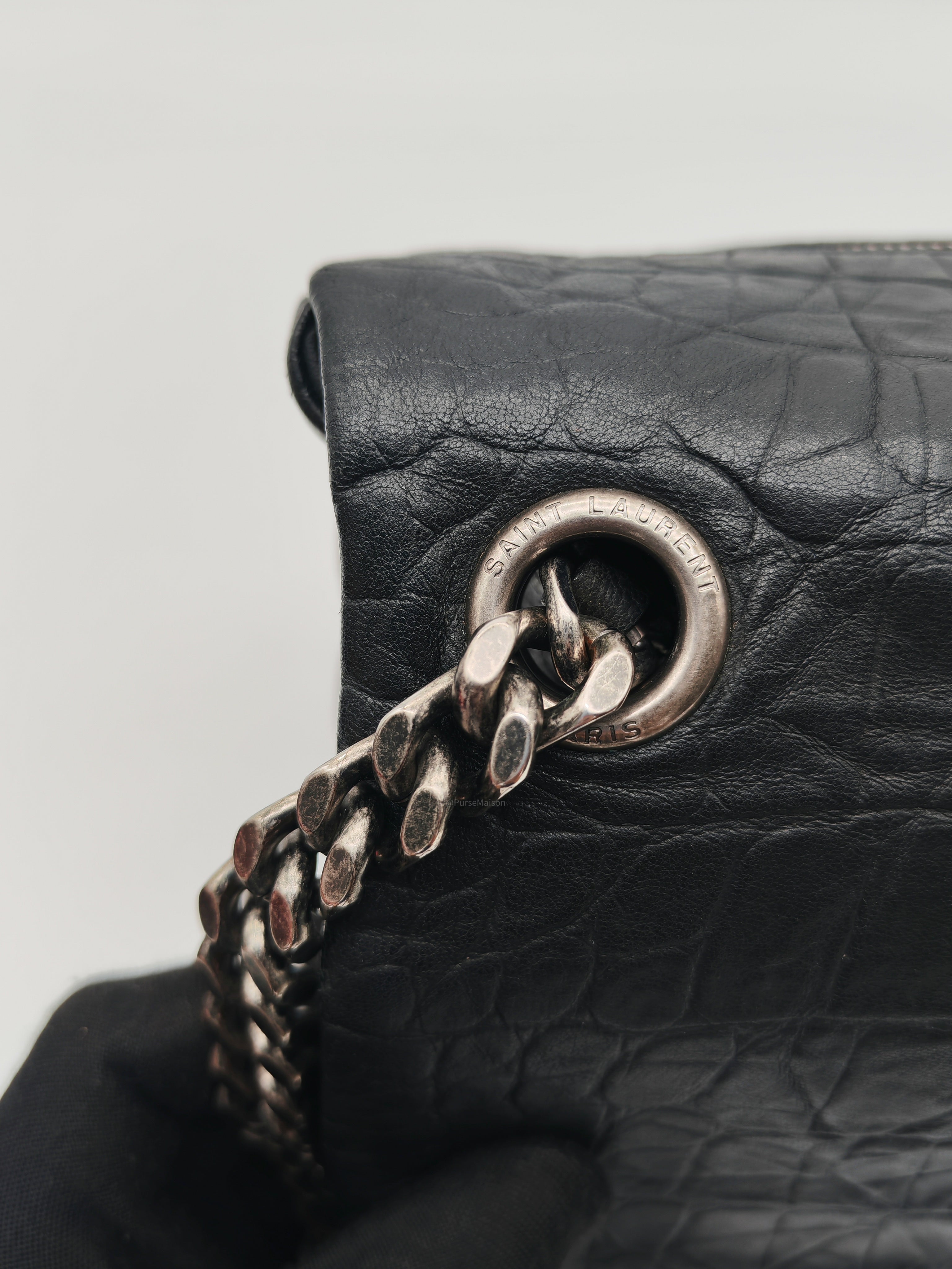 Yves Saint Laurent Medium West Hollywood Monogram Fold-over in Black Crocodile-Embossed Calfskin Leather Crossbody Bag