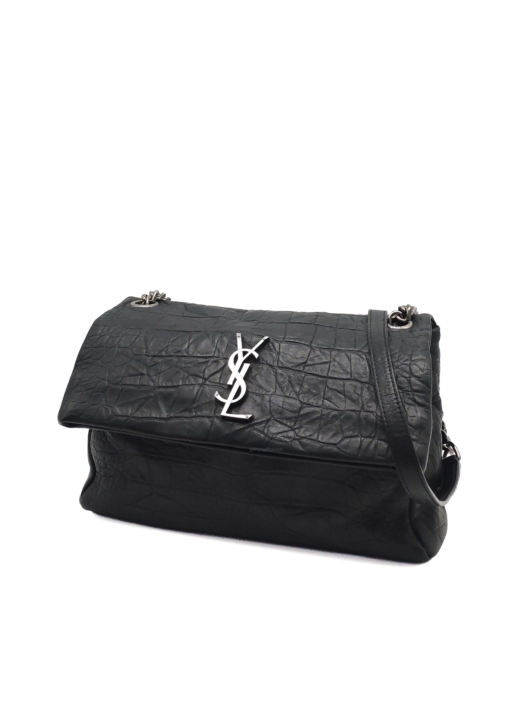Yves Saint Laurent Medium West Hollywood Monogram Fold-over in Black Crocodile-Embossed Calfskin Leather Crossbody Bag