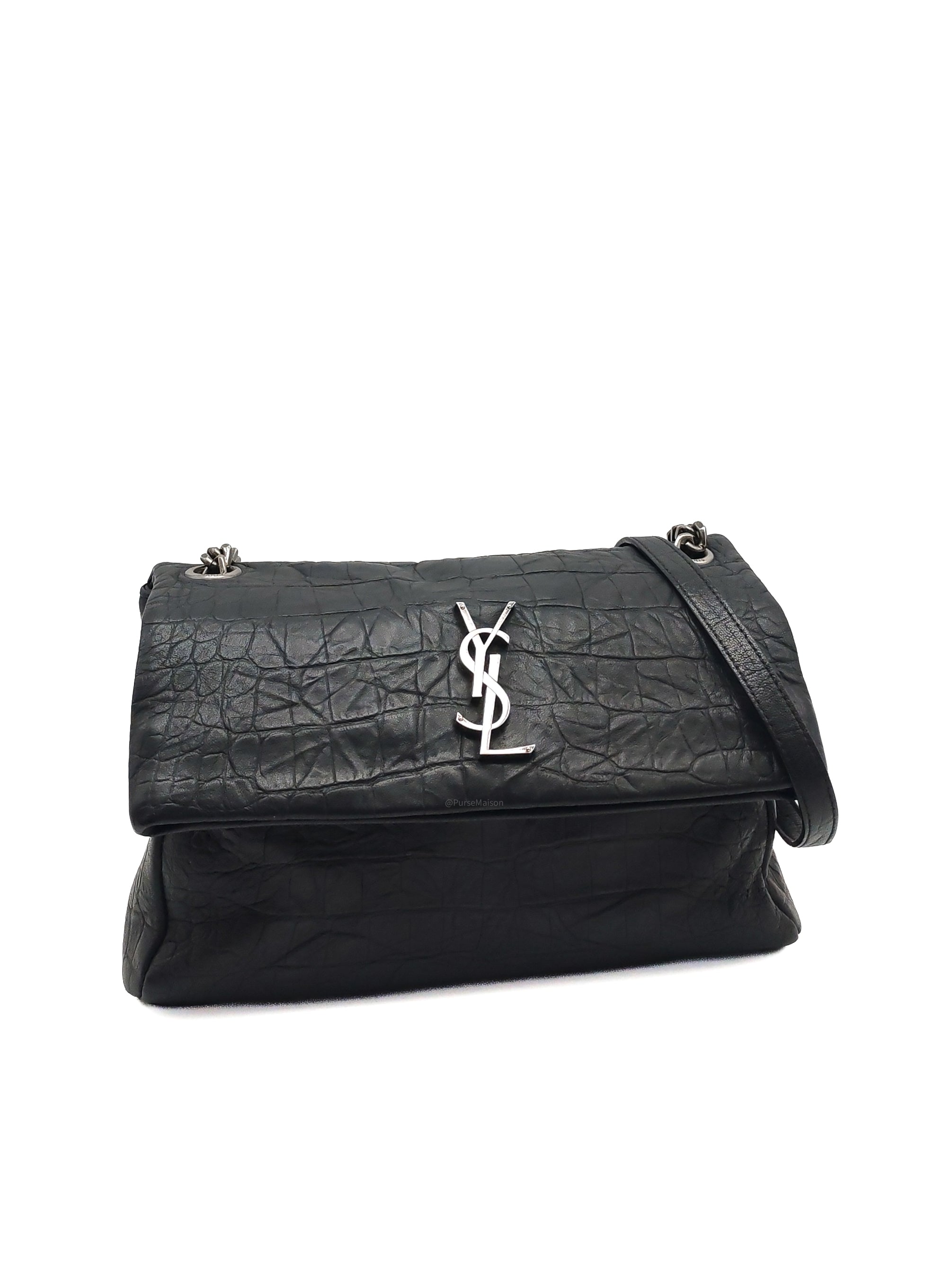 Yves Saint Laurent Medium West Hollywood Monogram Fold-over in Black Crocodile-Embossed Calfskin Leather Crossbody Bag