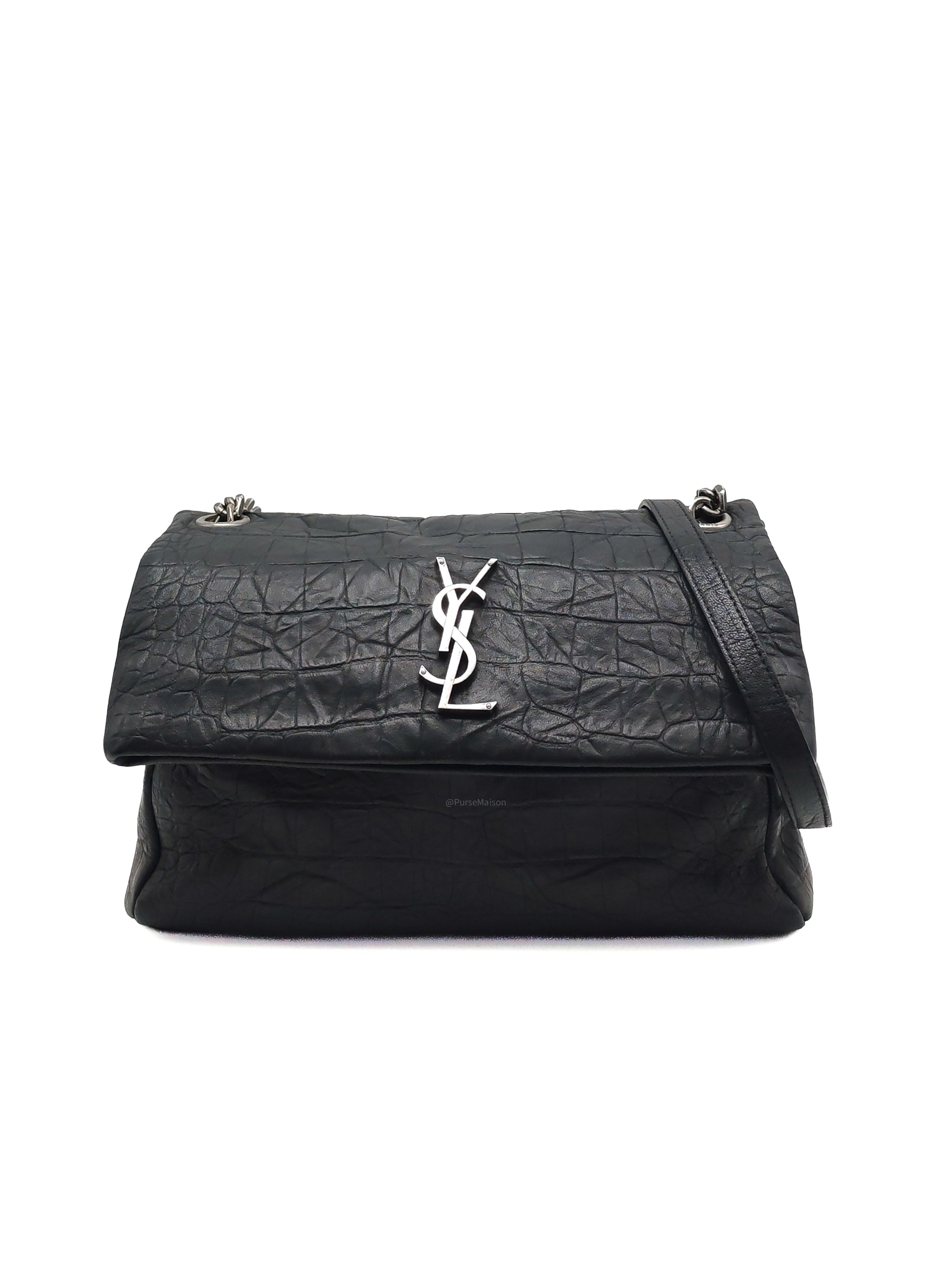 Yves Saint Laurent Medium West Hollywood Monogram Fold-over in Black Crocodile-Embossed Calfskin Leather Crossbody Bag