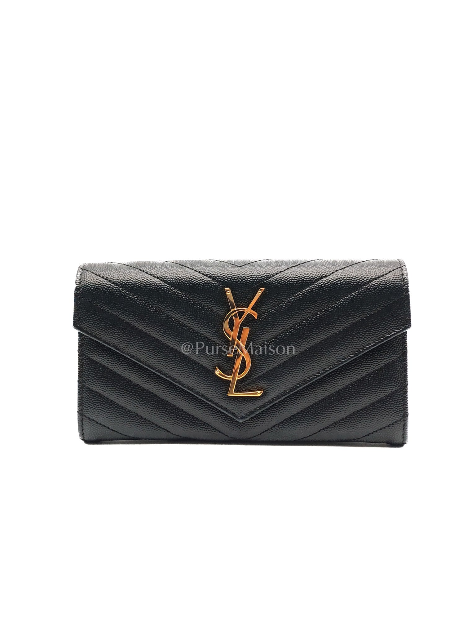 Yves Saint Laurent Long Flap Wallet in Black Cassandre Matelassé Grain De Poudre Leather and Gold Hardware