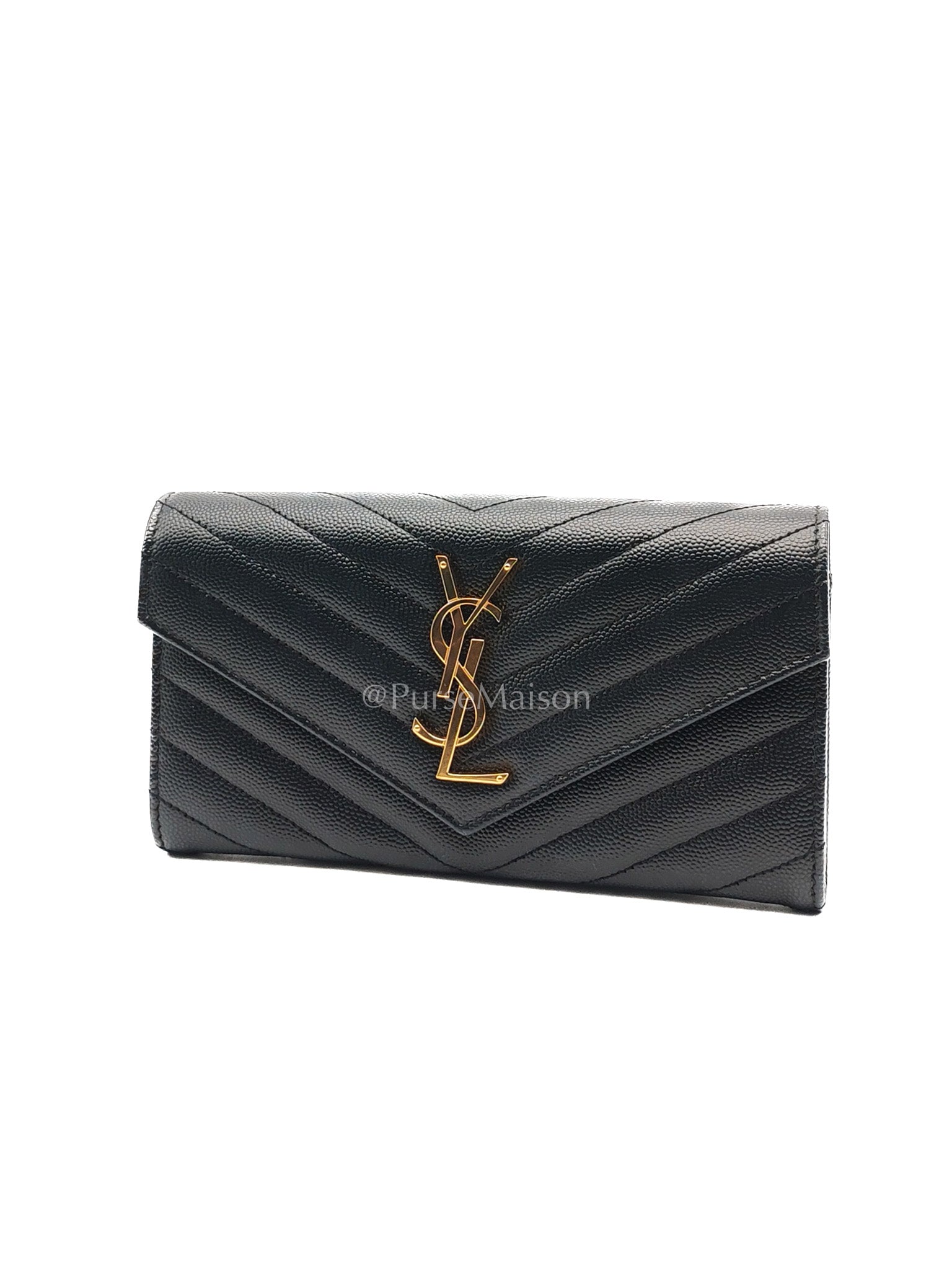 Yves Saint Laurent Long Flap Wallet in Black Cassandre Matelassé Grain De Poudre Leather and Gold Hardware
